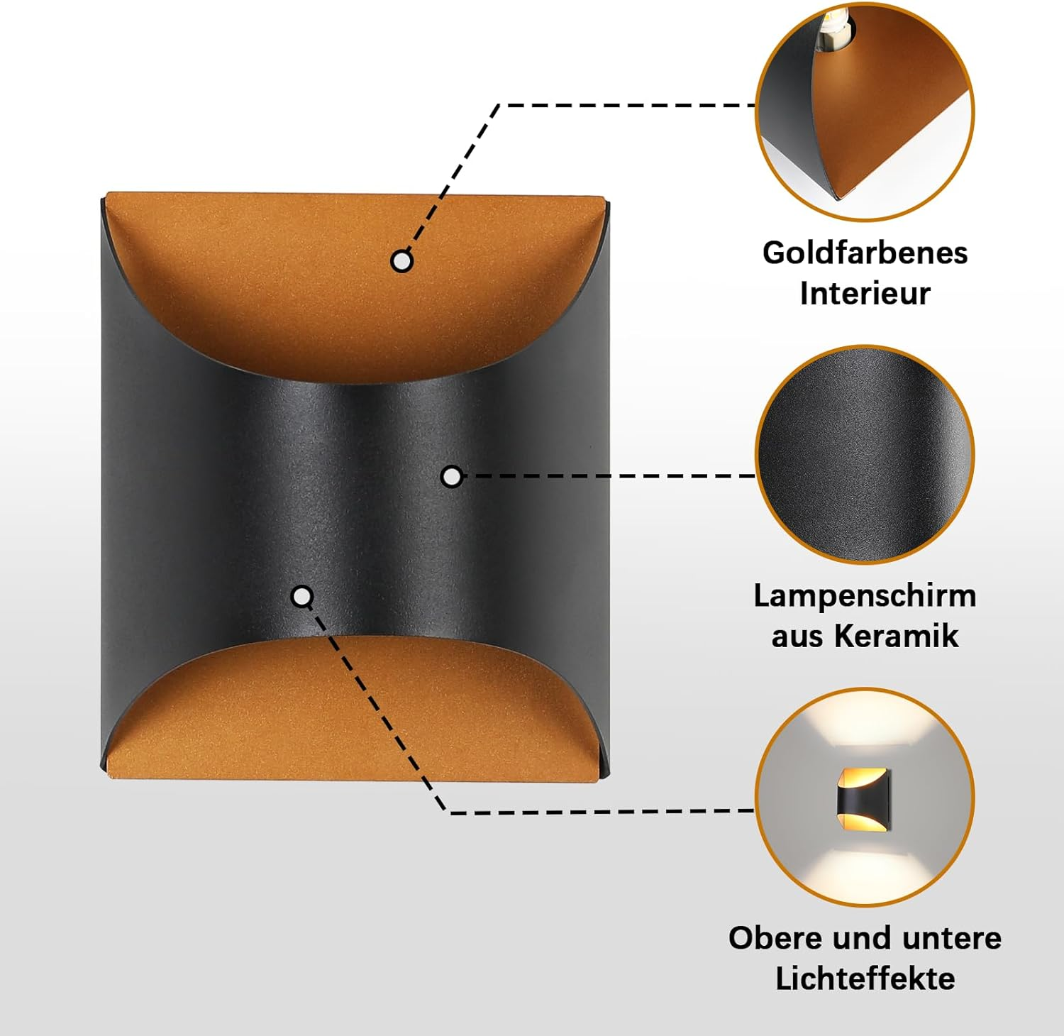 Lampada da parete nera con interno dorato, paralume in ceramica ed effetti luce.