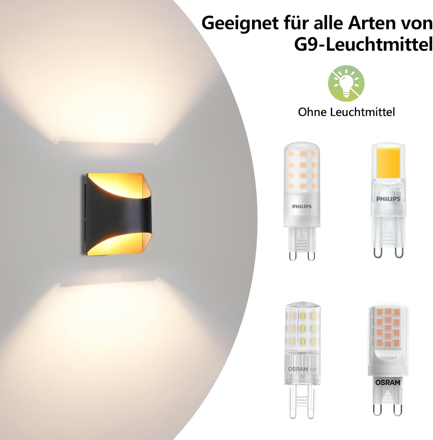 Lampada da parete con luce verso l'alto e verso il basso e quattro lampadine LED G9: due Philips, due Osram.