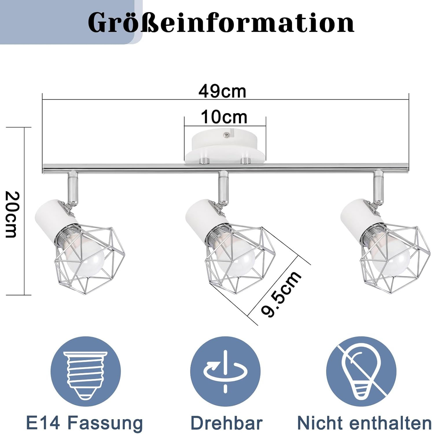 Dimensioni di una plafoniera argentata con 3 lampadine. Larghezza 49cm, altezza 20cm.