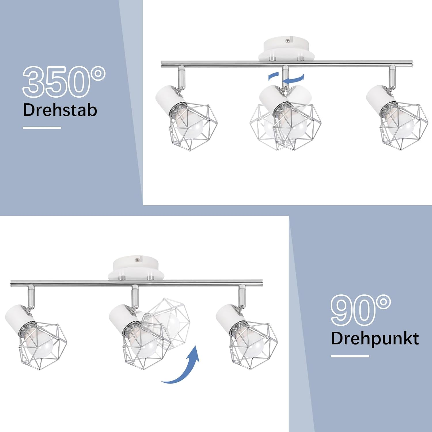 Faretti da soffitto orientabili con tre luci, bianchi e argento.