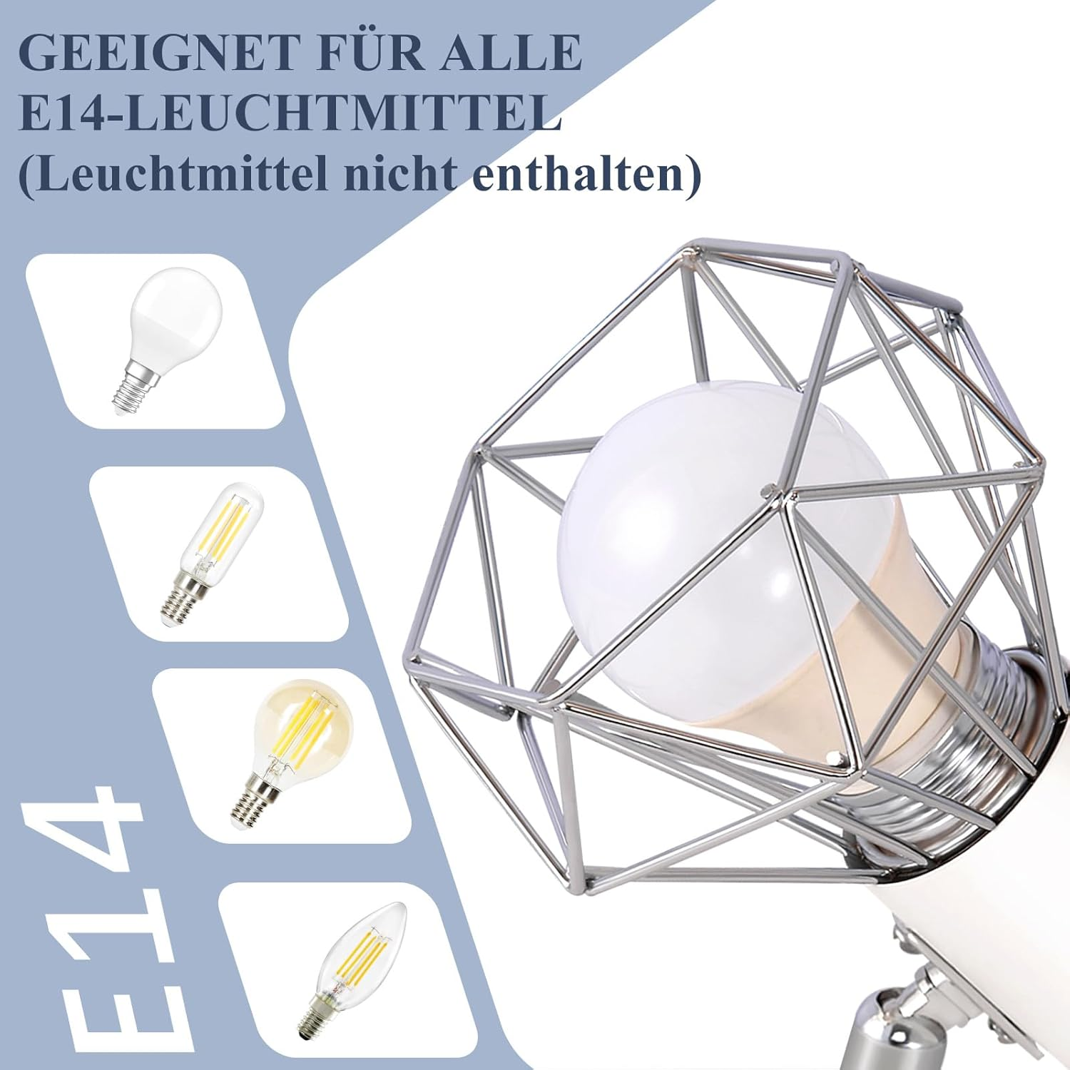 Varie lampadine E14 in mostra. Una è in una moderna lampada a gabbia metallica.