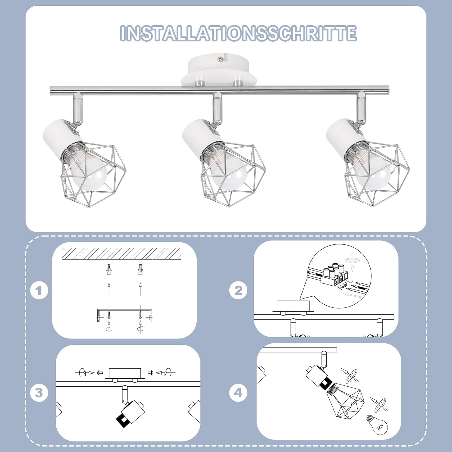 Fasi di installazione per un lampadario a tre luci. Mostra montaggio, cablaggio e inserimento lampadina.