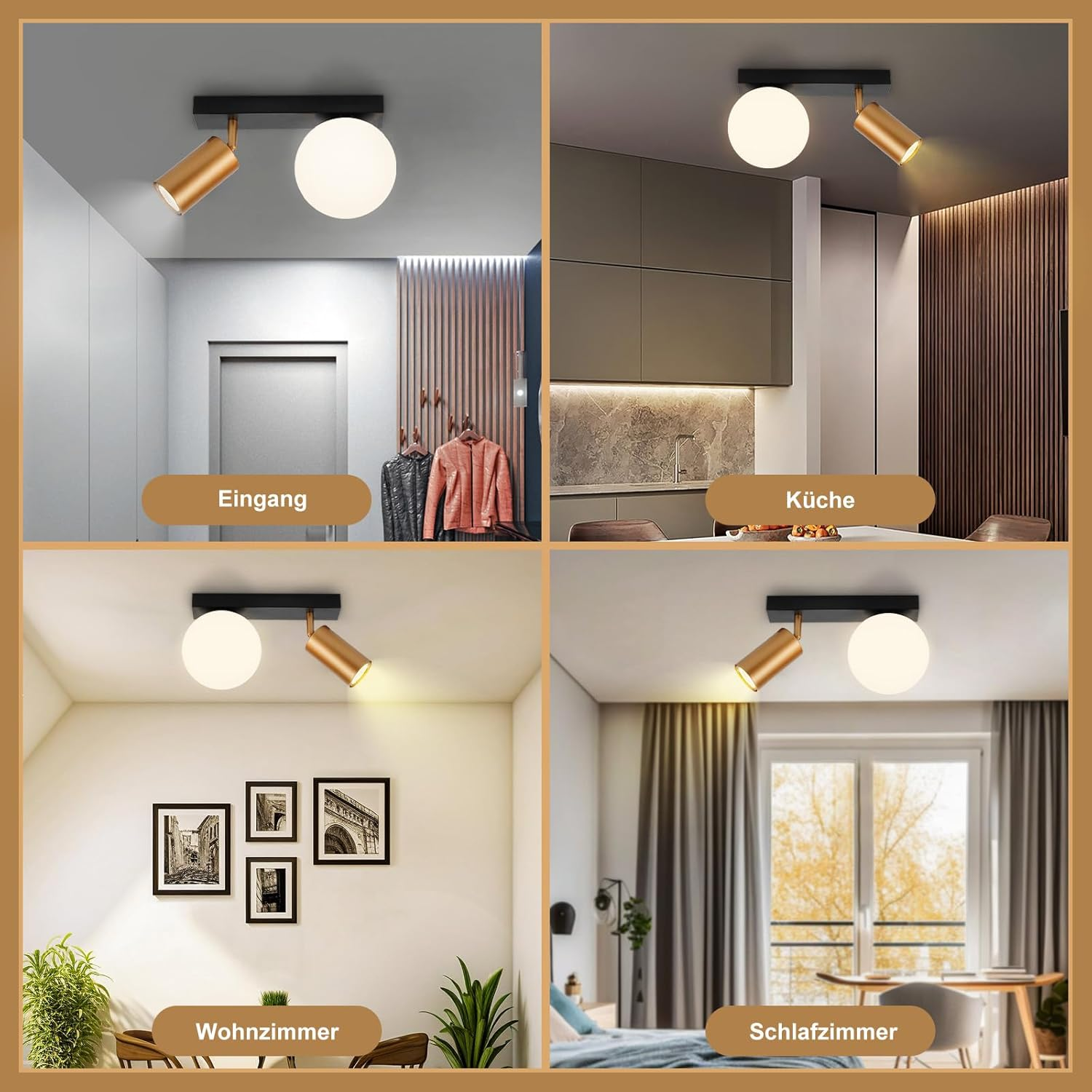 Quattro scene interne: ingresso, cucina, soggiorno, camera da letto, ognuna con lampada da soffitto.