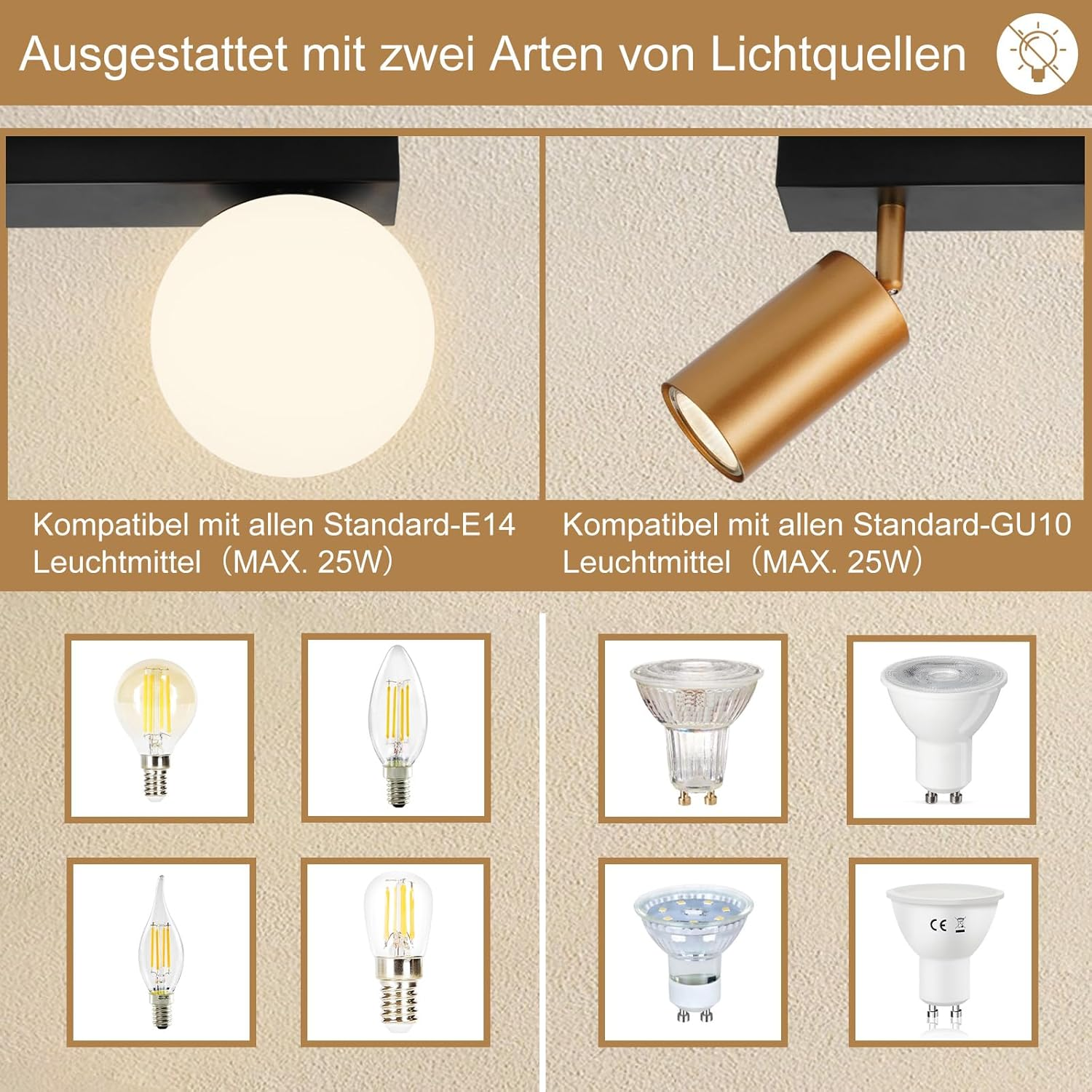 L'immagine mostra due tipi di sorgenti luminose: una lampadina rotonda e un faretto, con esempi di lampadine E14 e GU10.