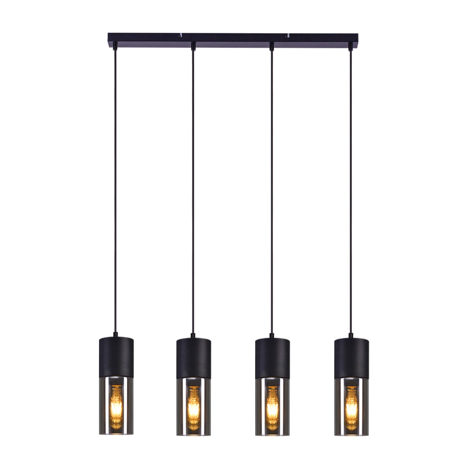 Czarna liniowa lampa wisząca z czterema cylindrycznymi szklanymi kloszami mieszczącymi żarówki.