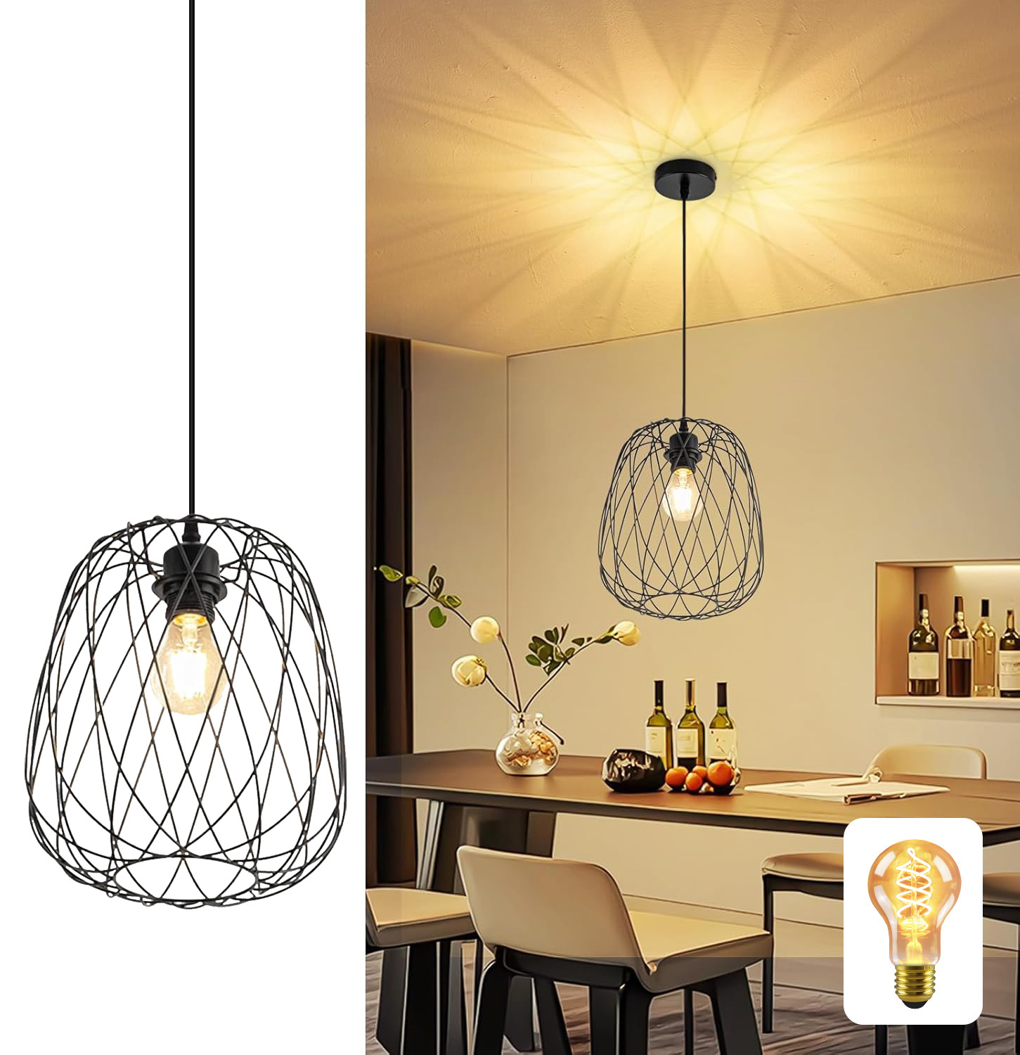 Czarna lampa wisząca z drucianym kloszem wisi nad stołem w jadalni. Rzuca na sufit cienie w kształcie gwiazdy.
