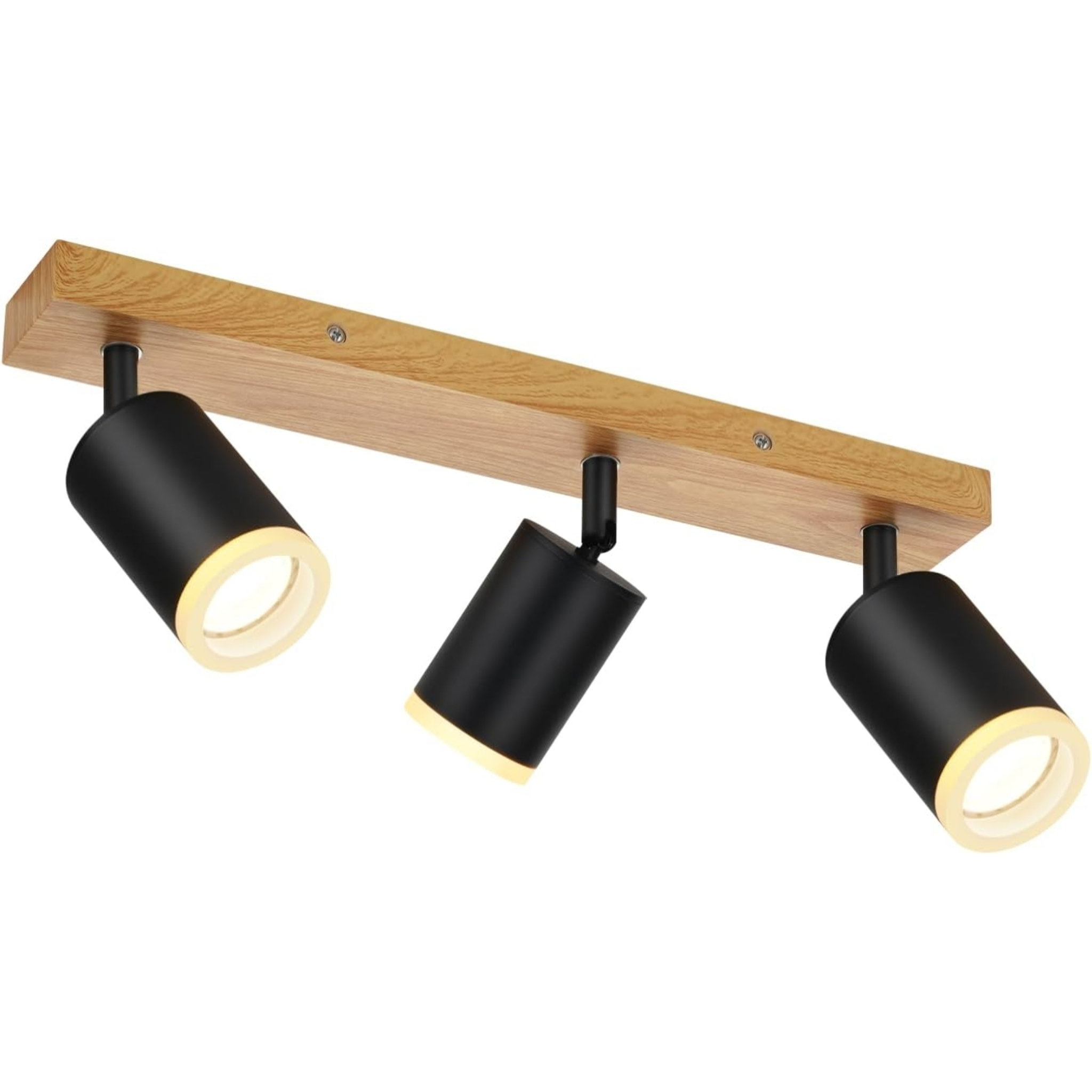 Lampada da soffitto a tre faretti con base in legno e faretti neri.