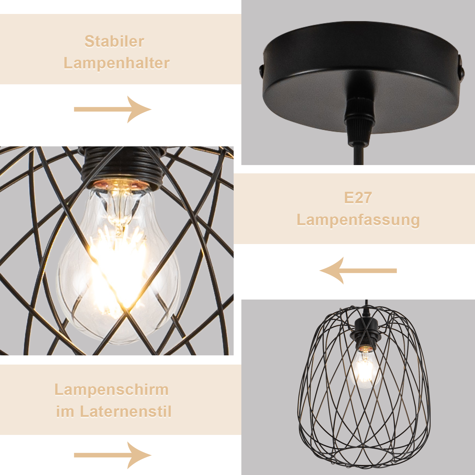 Czarna metalowa lampa wisząca z żarówką w drucianej klatce, gniazdo E27.