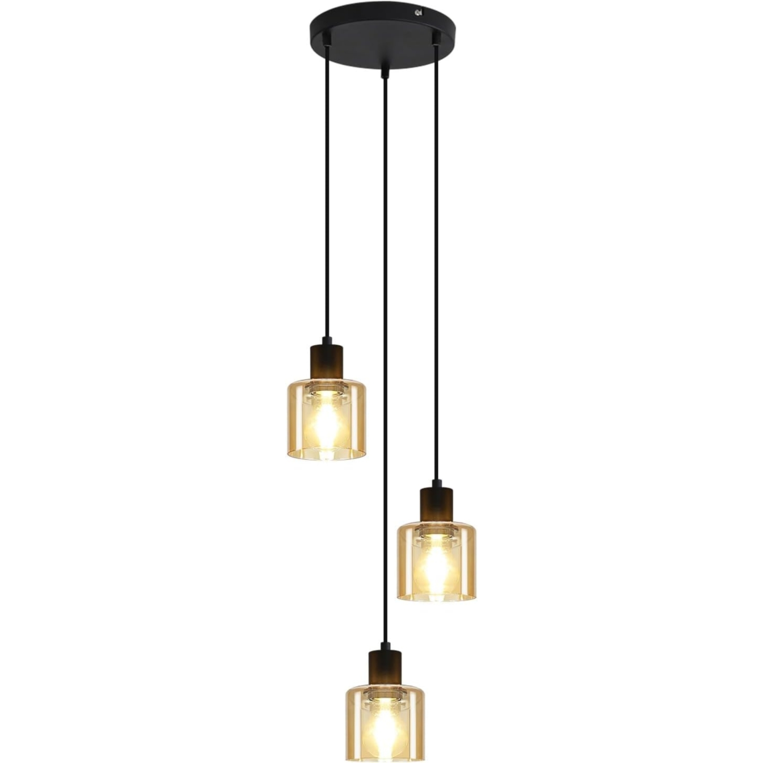 Czarna lampa wisząca z trzema bursztynowymi szklanymi kloszami.
