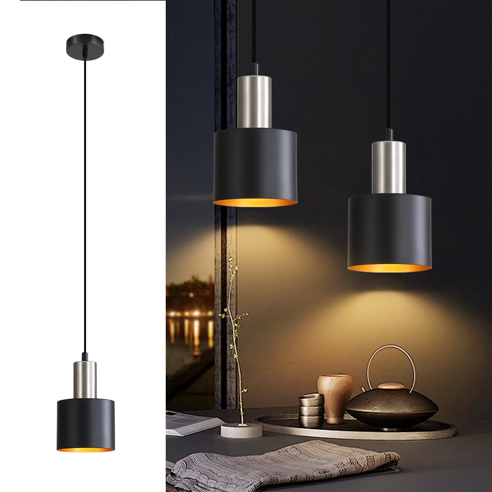 Schwarze Pendelleuchte mit silberner Oberseite und goldenem Inneren, beleuchtet.