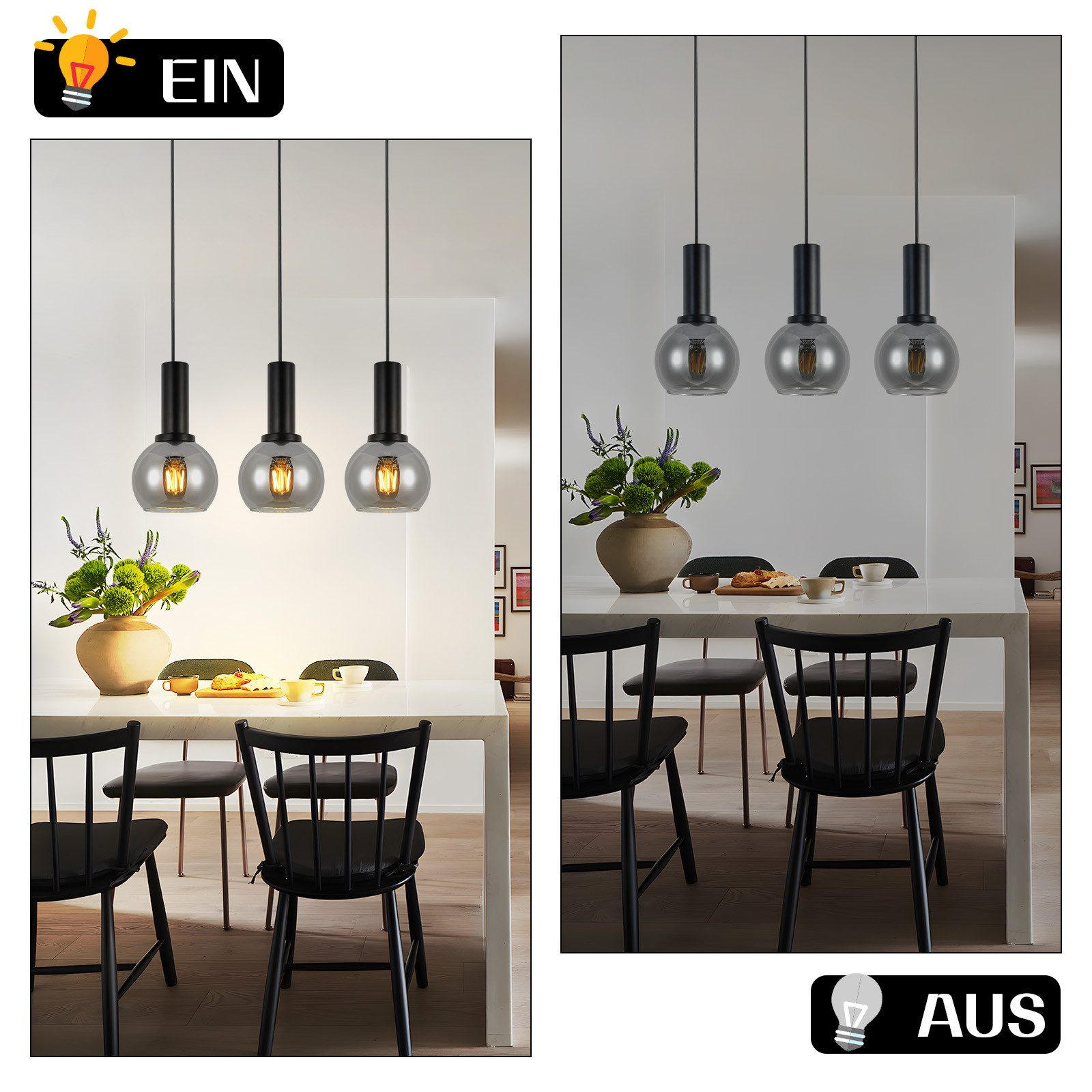 Geteiltes Bild: Links Lichter im Esszimmer AN. Rechts Lichter AUS.