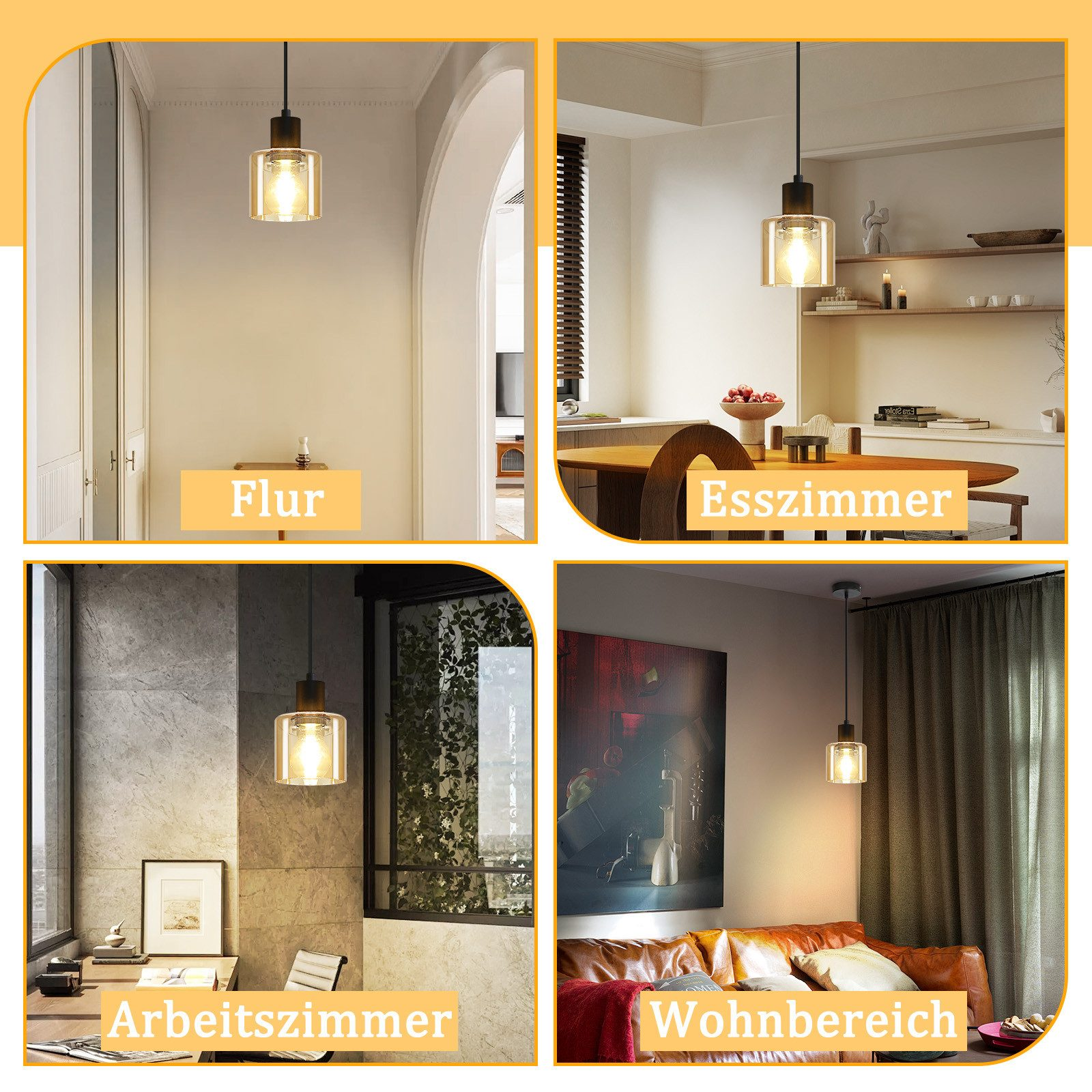 Vier Szenen zeigen eine Pendelleuchte in verschiedenen Räumen: Flur, Esszimmer, Büro, Wohnzimmer.
