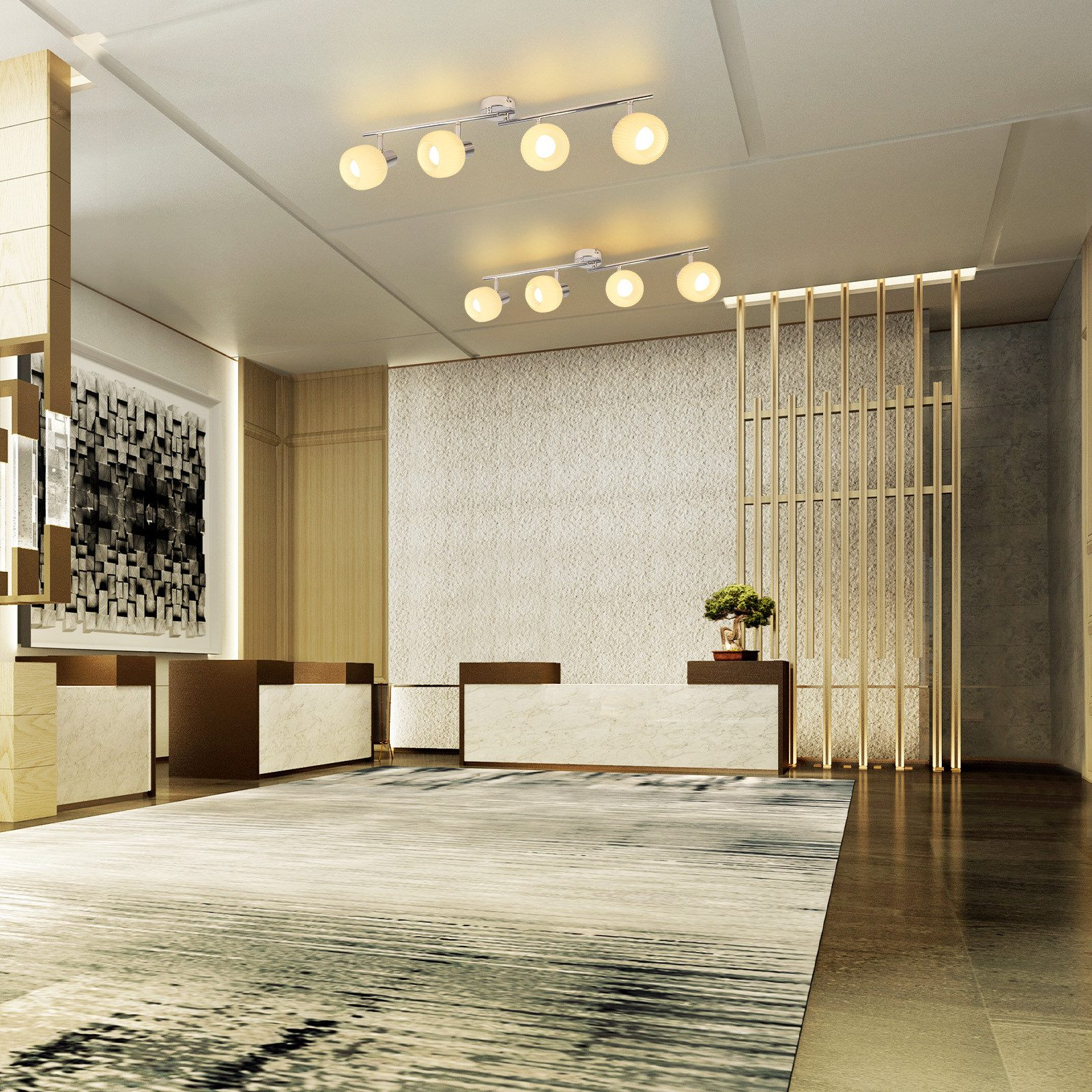 Moderna area reception con banconi in marmo, arte astratta e paravento decorativo.