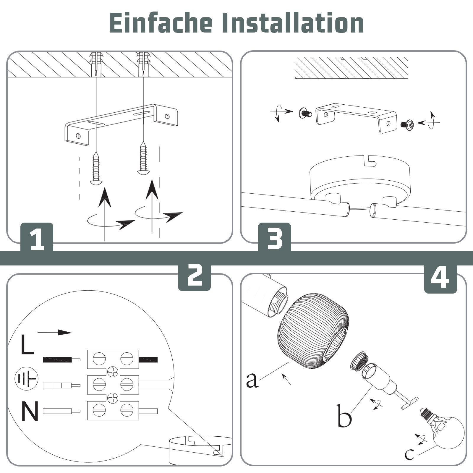 Guida all'installazione: staffa al soffitto, connessione fili, portalampada e assemblaggio lampadina.