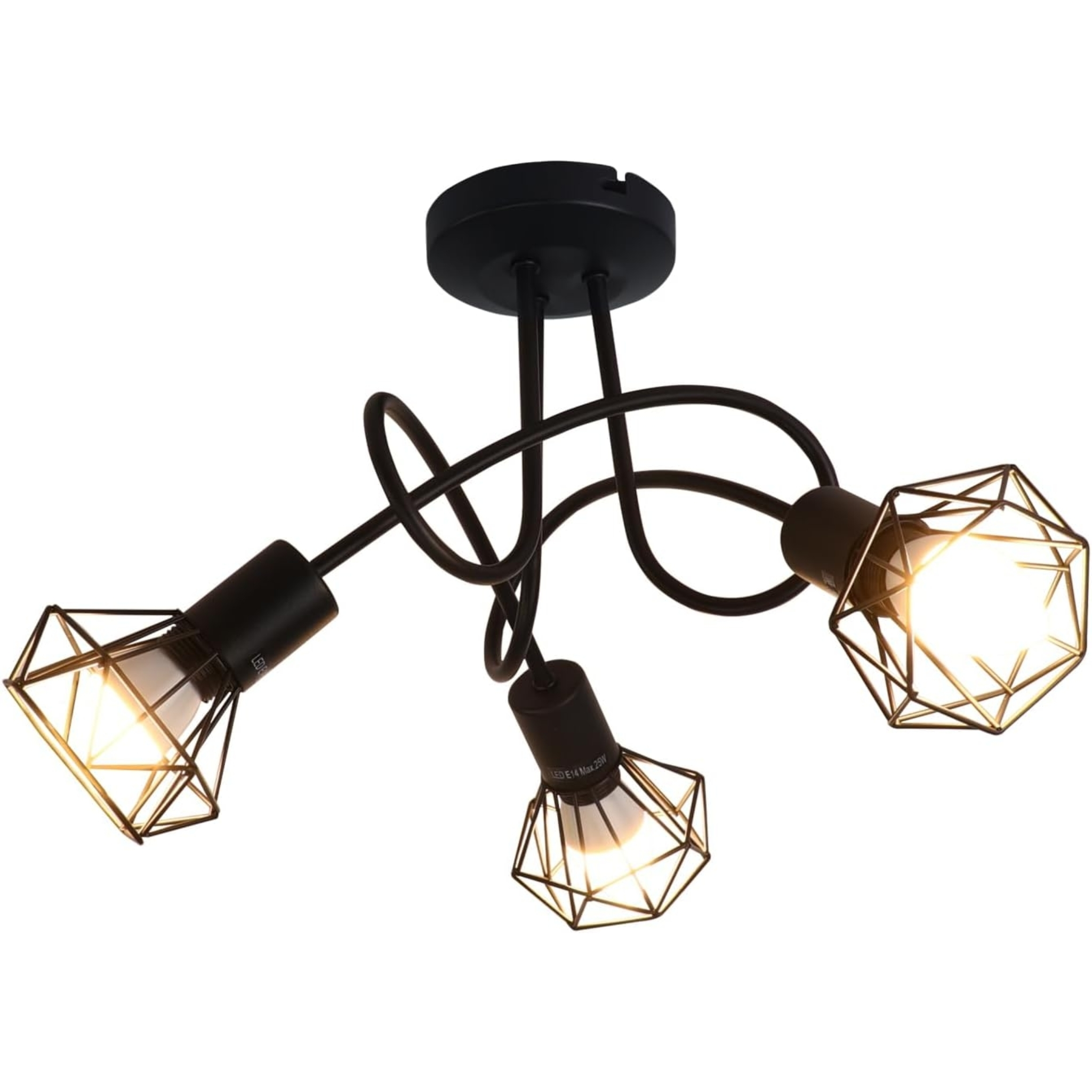Faretti da soffitto neri con tre bracci e paralumi geometrici.