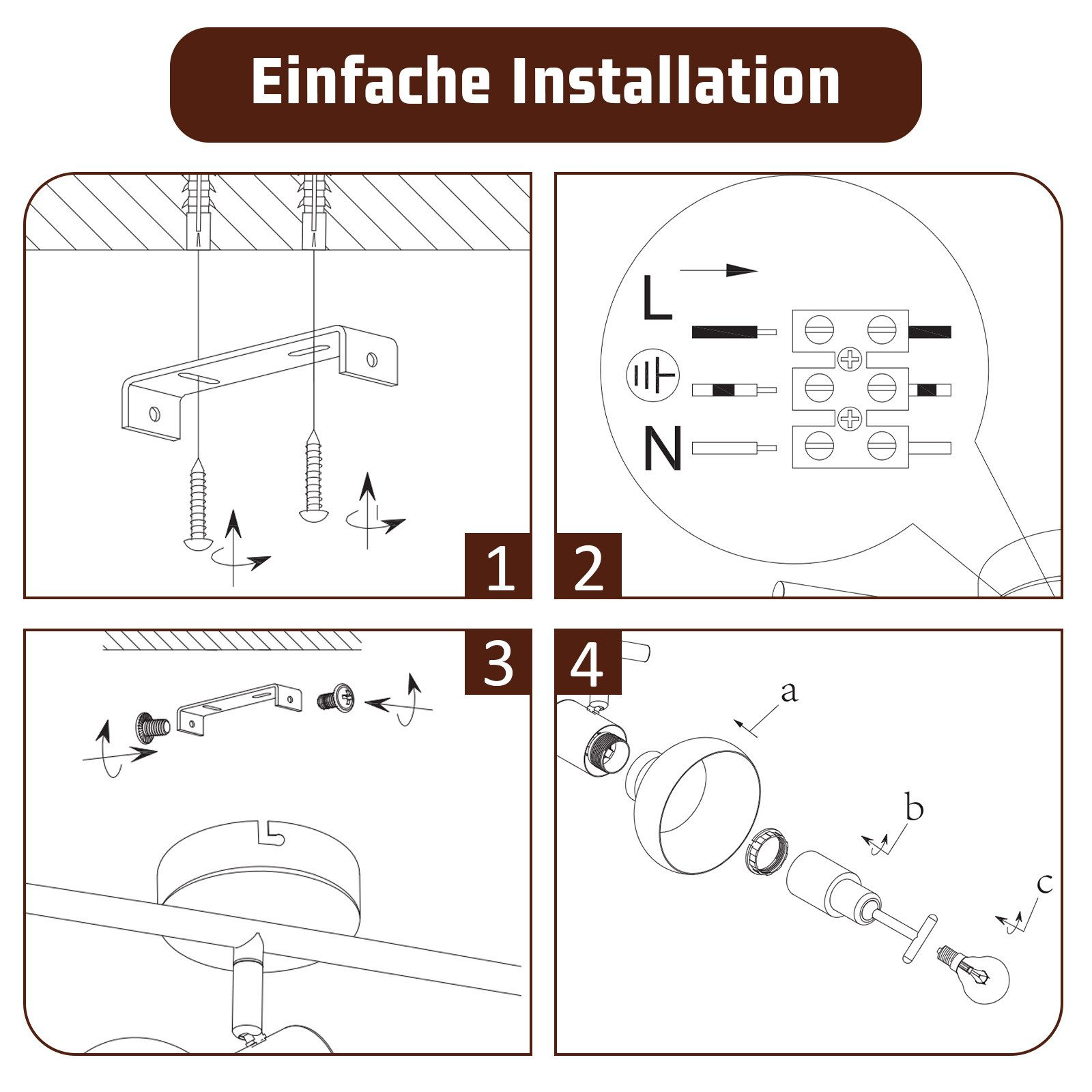 Diagramma che mostra semplici passaggi di installazione per un apparecchio di illuminazione, inclusi montaggio e cablaggio.