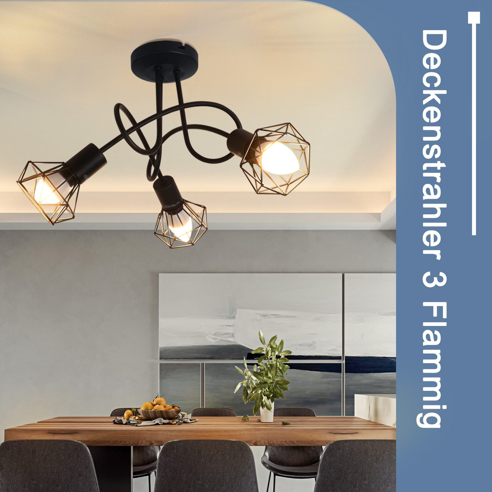 Lampada da soffitto nera a tre bracci con paralumi geometrici sopra un tavolo da pranzo in legno.