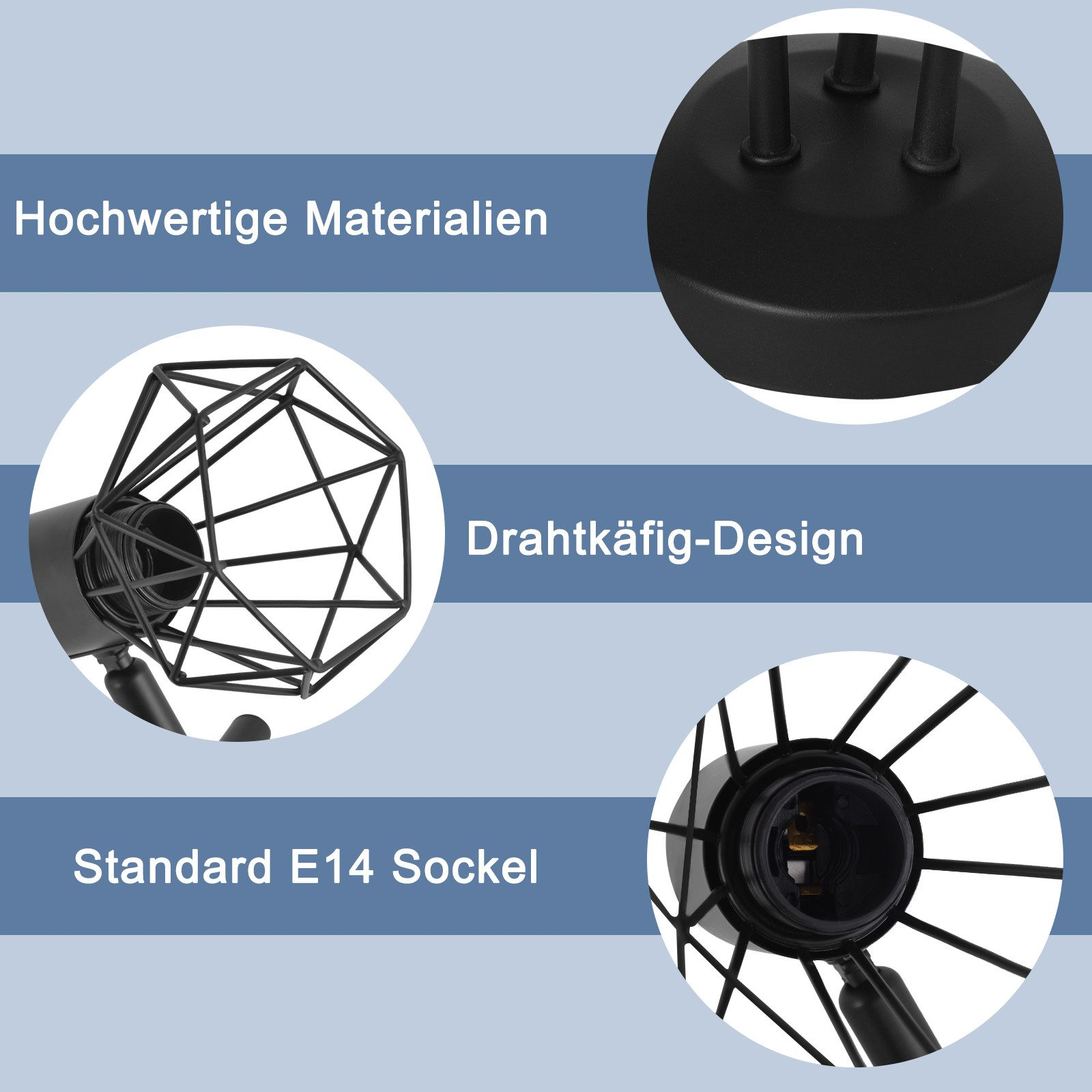 Dettagli lampada in metallo nero: design a gabbia, attacco E14 e materiali di qualità.