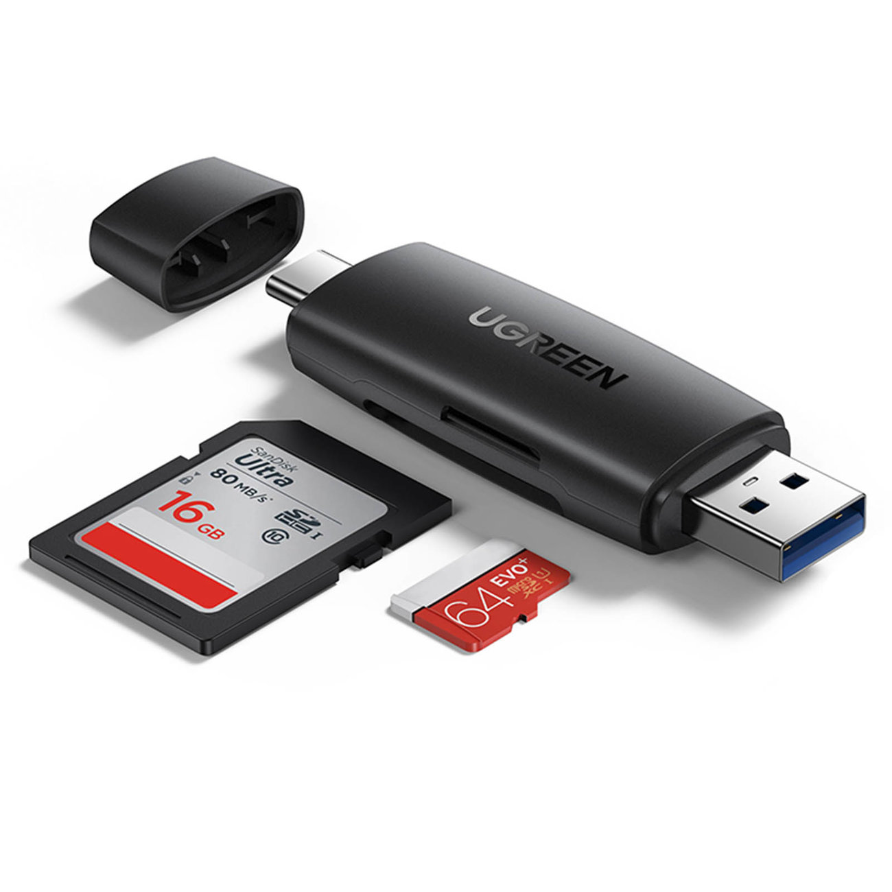 Czarny czytnik kart z portami USB-A i USB-C, obok karta SD i karta micro SD.