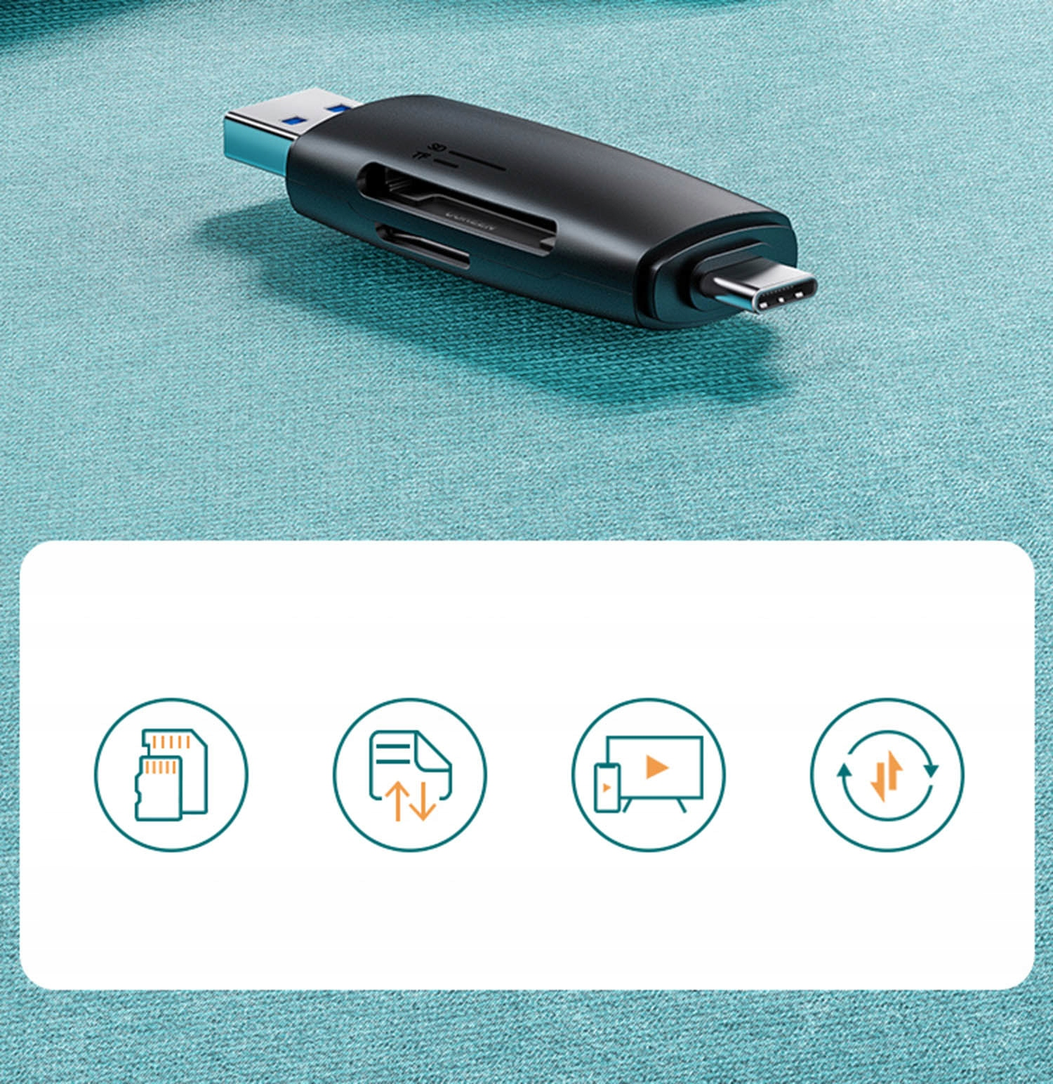 Czarny czytnik kart USB-C ze slotami SD i TF, oraz ikony transferu danych.
