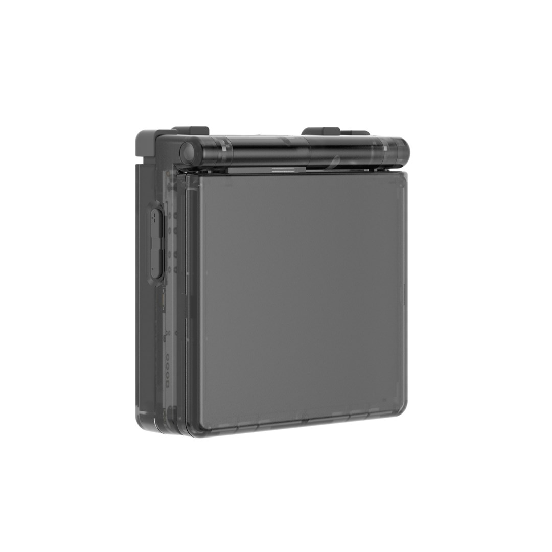 Una funda cerrada, gris oscuro y transparente con una barra oscura encima.
