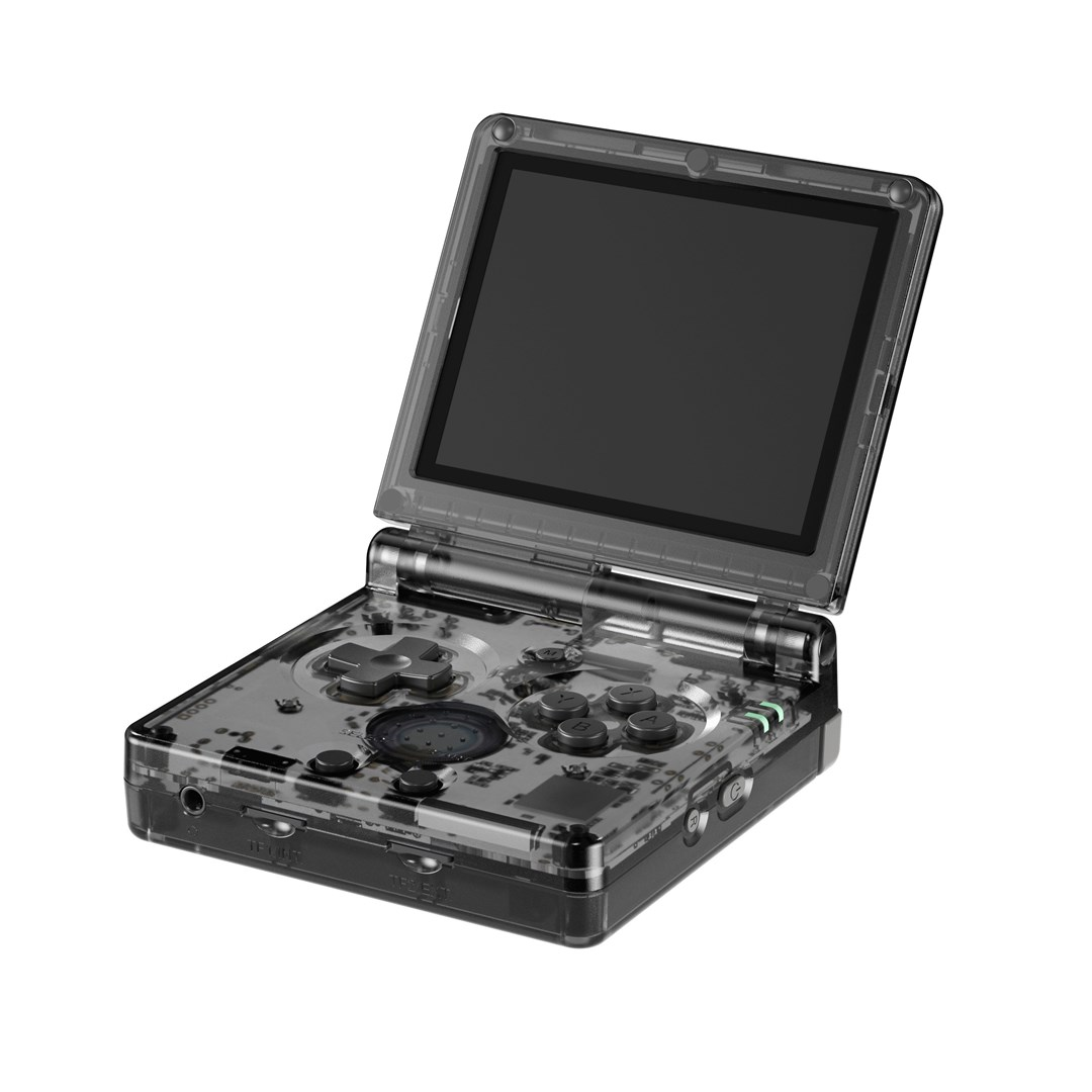 Consola de juegos portátil gris transparente con pantalla y botones.