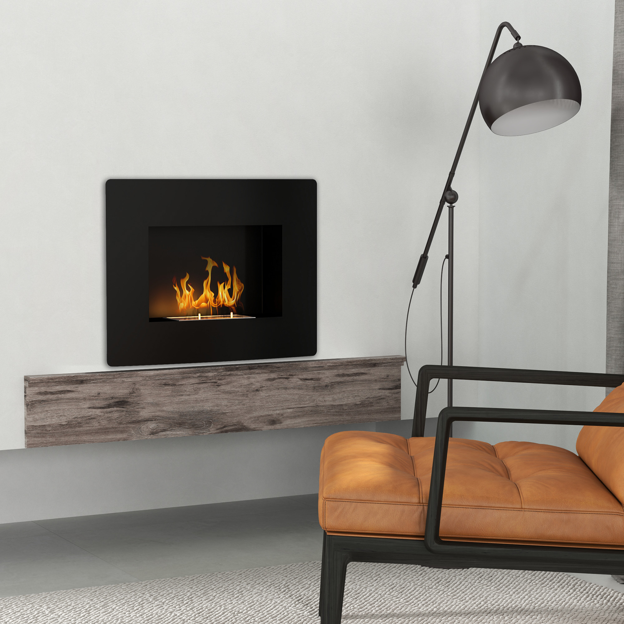 Una habitación moderna con chimenea, sillón de cuero y lámpara de pie.