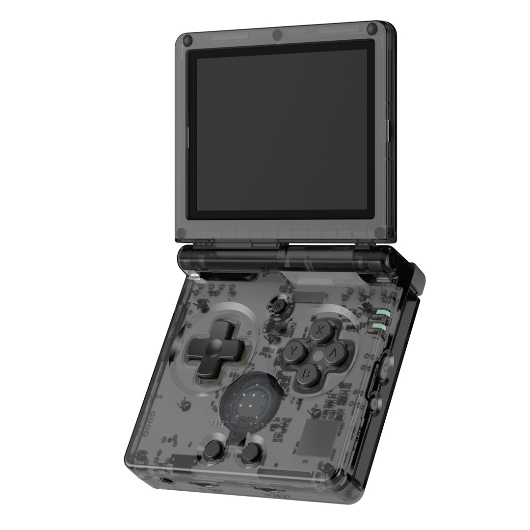 Un dispositivo de juego portátil gris transparente con la pantalla abierta, revelando componentes internos.