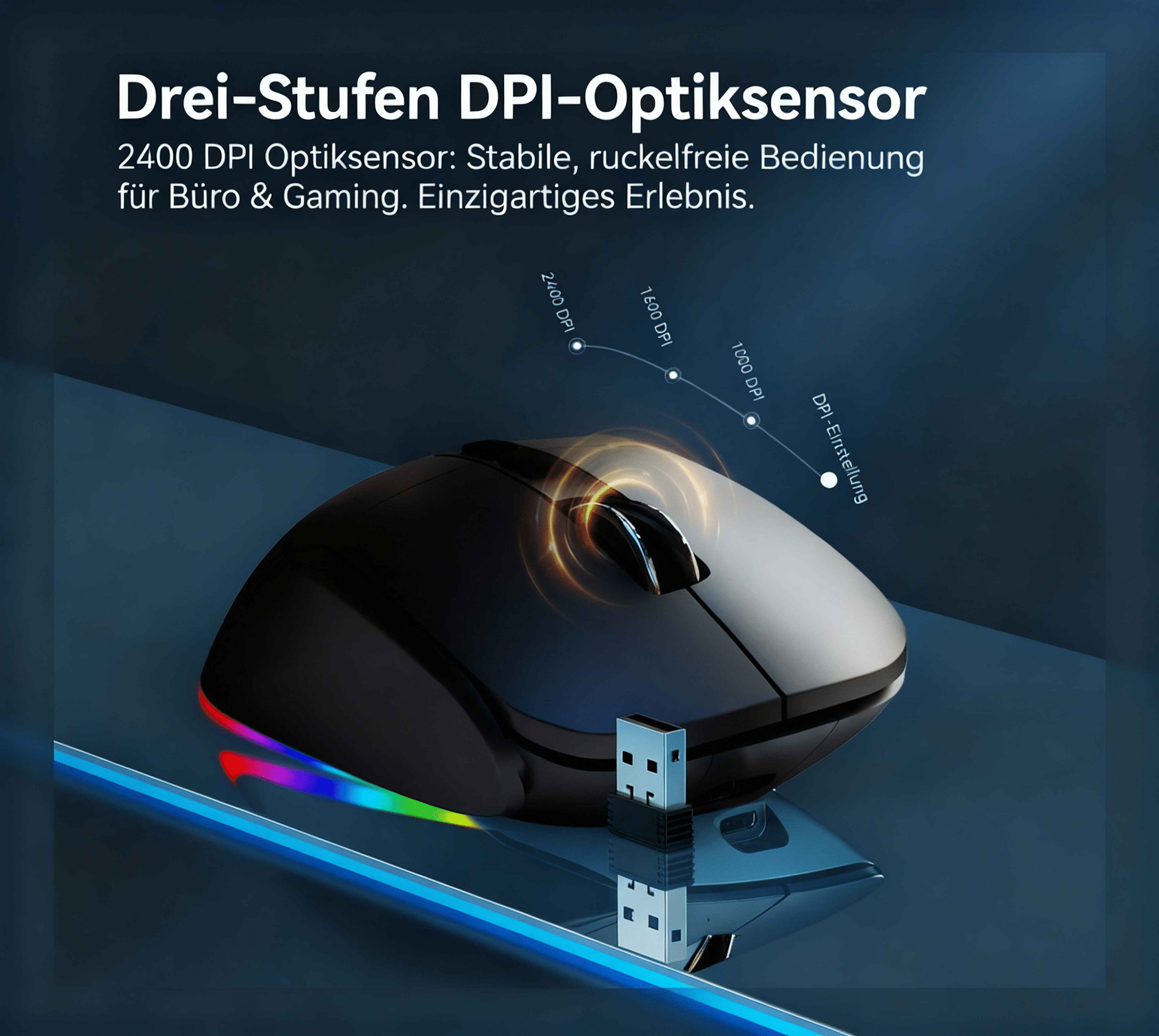Schwarze Maus mit RGB-Beleuchtung und USB-Dongle, 2400 DPI.