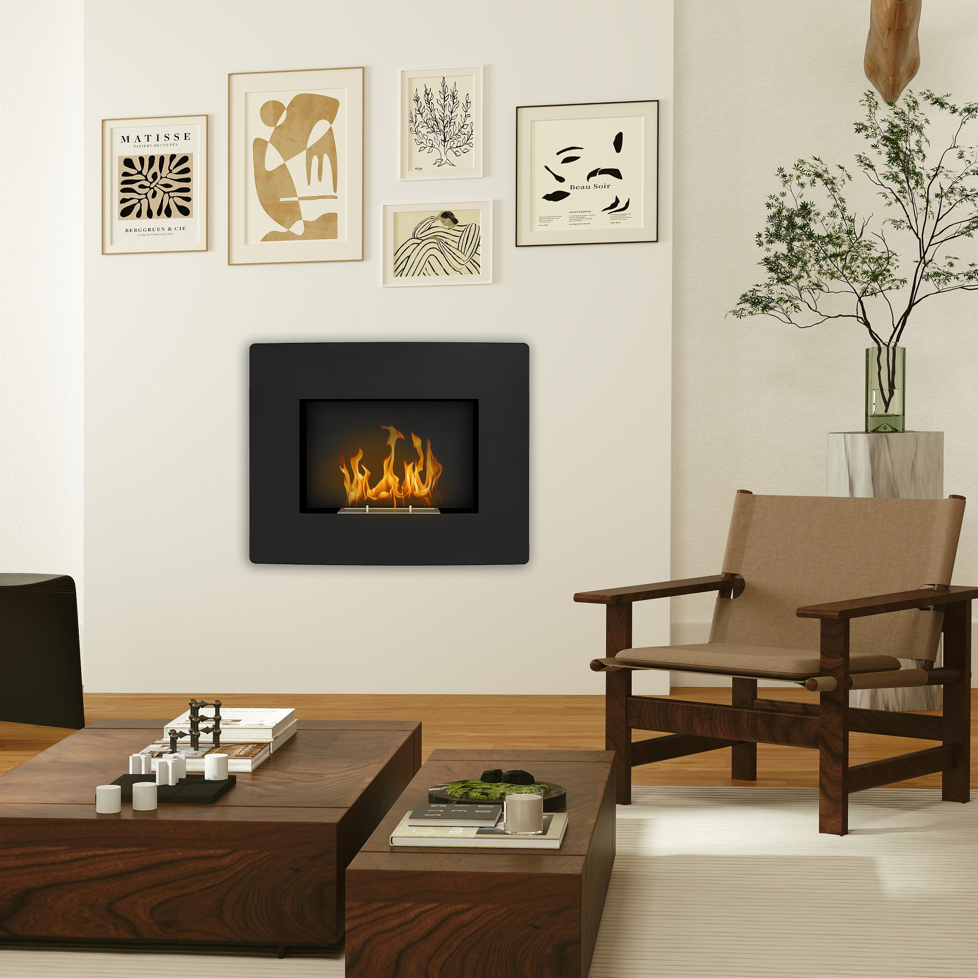 Una sala de estar moderna con chimenea negra, arte en la pared y muebles de madera.