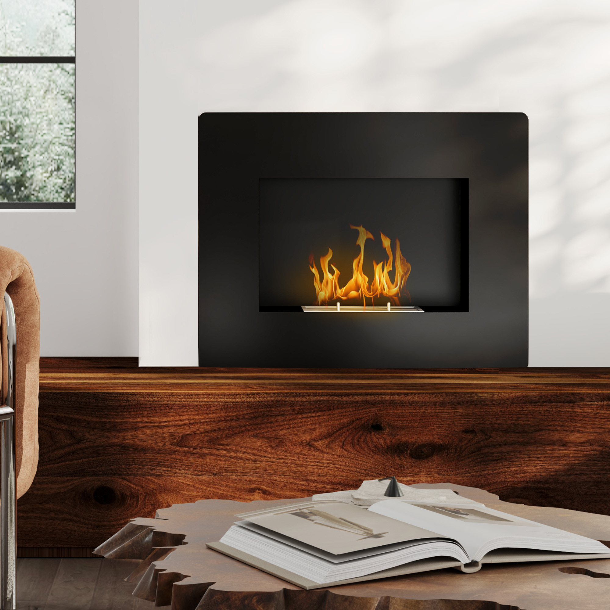 Una sala de estar moderna con chimenea negra, muebles de madera y un libro abierto.