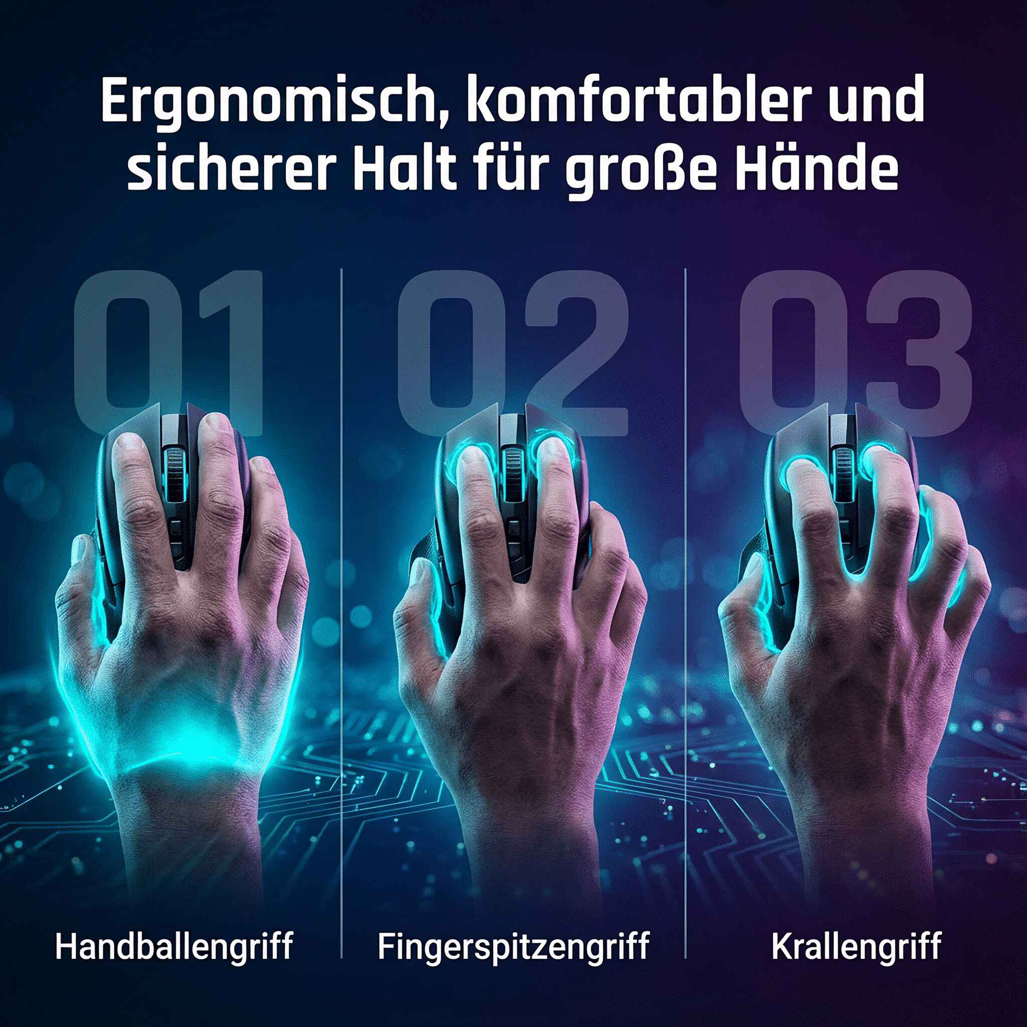 Drei Hände zeigen Maushandgriffe: Handballen, Fingerspitze und Kralle. Blaulicht hebt hervor.