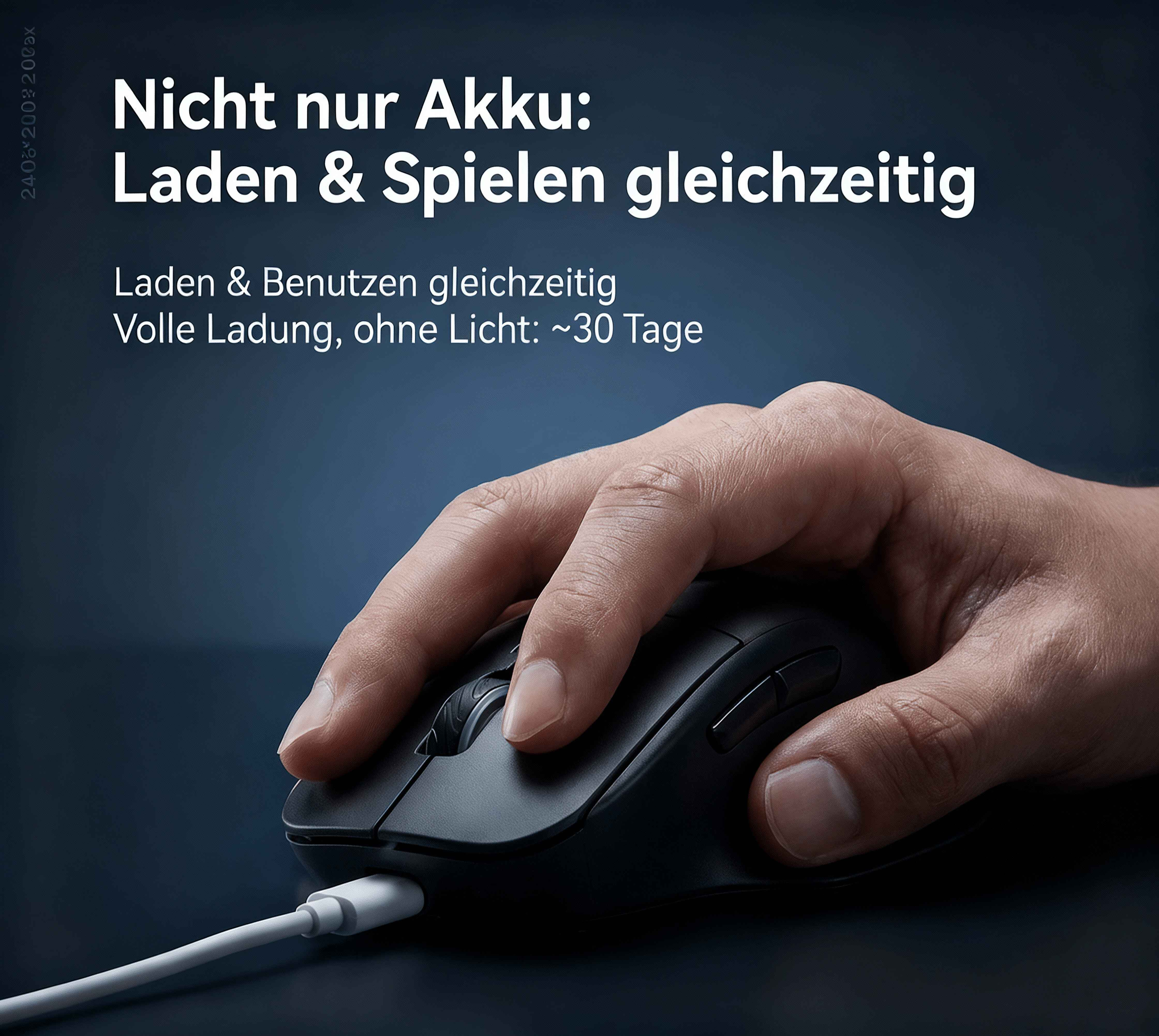 Eine Hand bedient eine schwarze Computermaus, die mit einem weißen Kabel verbunden ist.