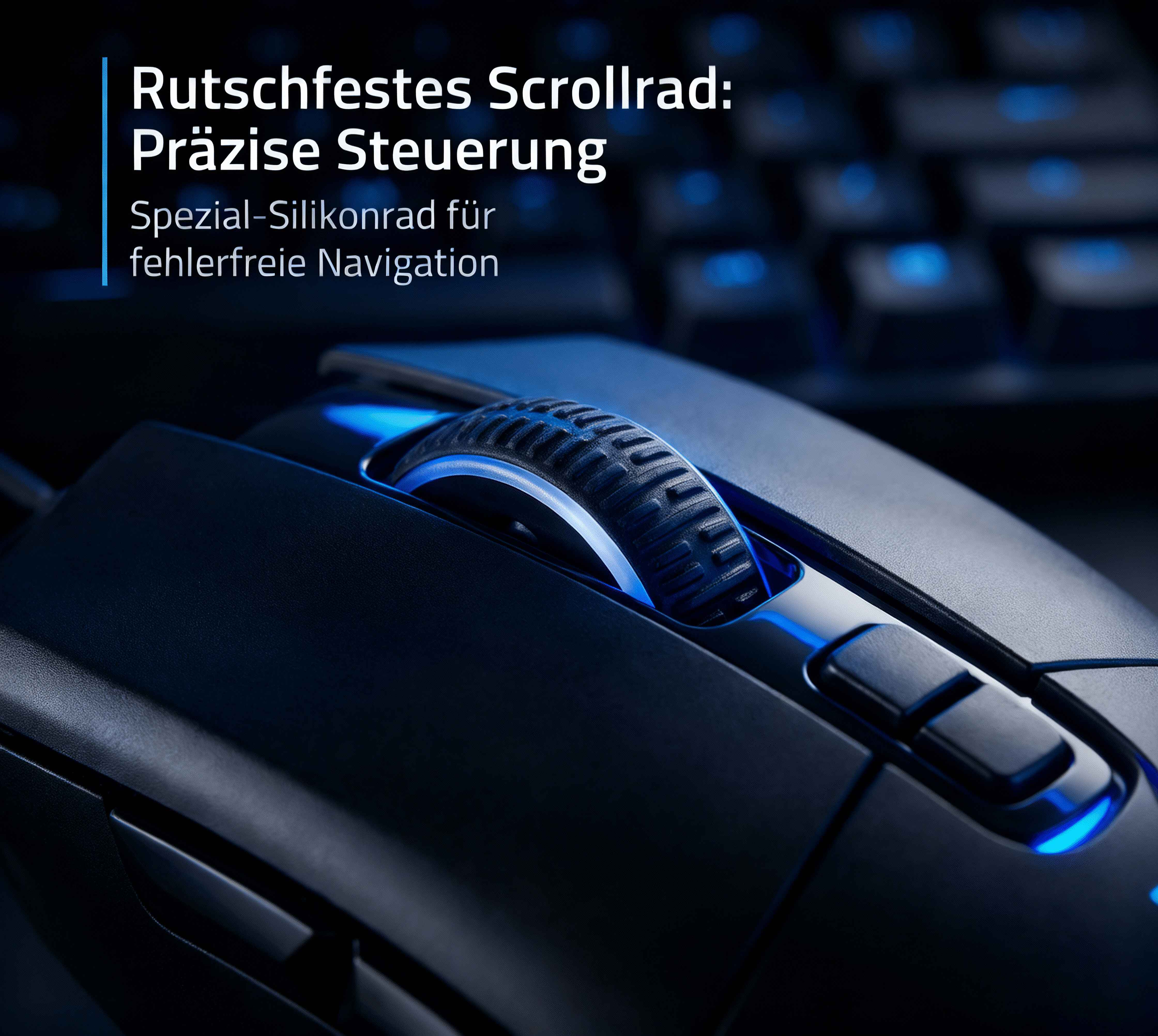 Nahaufnahme einer schwarzen Gaming-Maus mit blau beleuchtetem Scrollrad und Tasten.