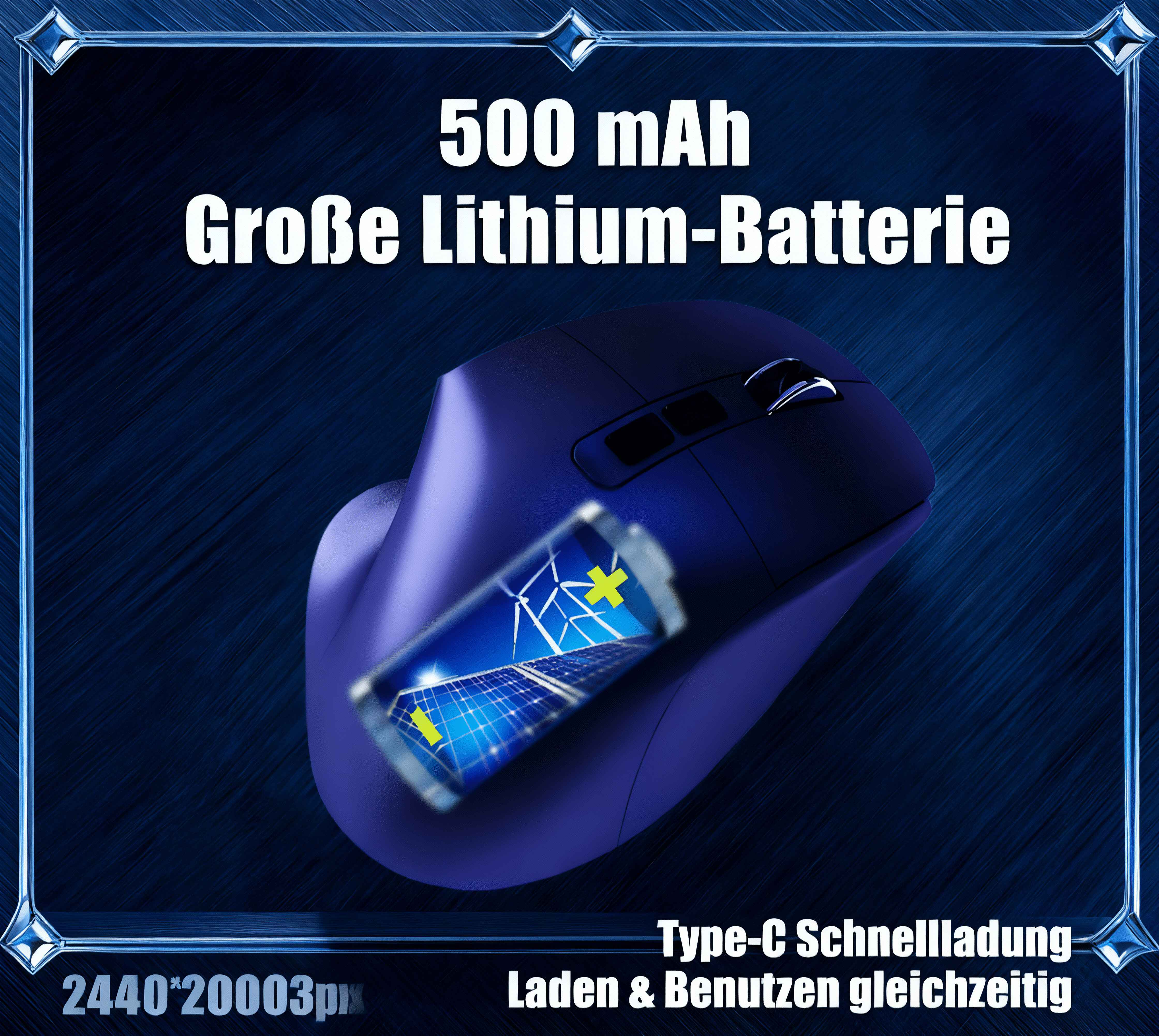 Blaue Maus mit 500mAh Batterie, Solarpanel & Windrad-Motiv. Typ-C Schnellladung.