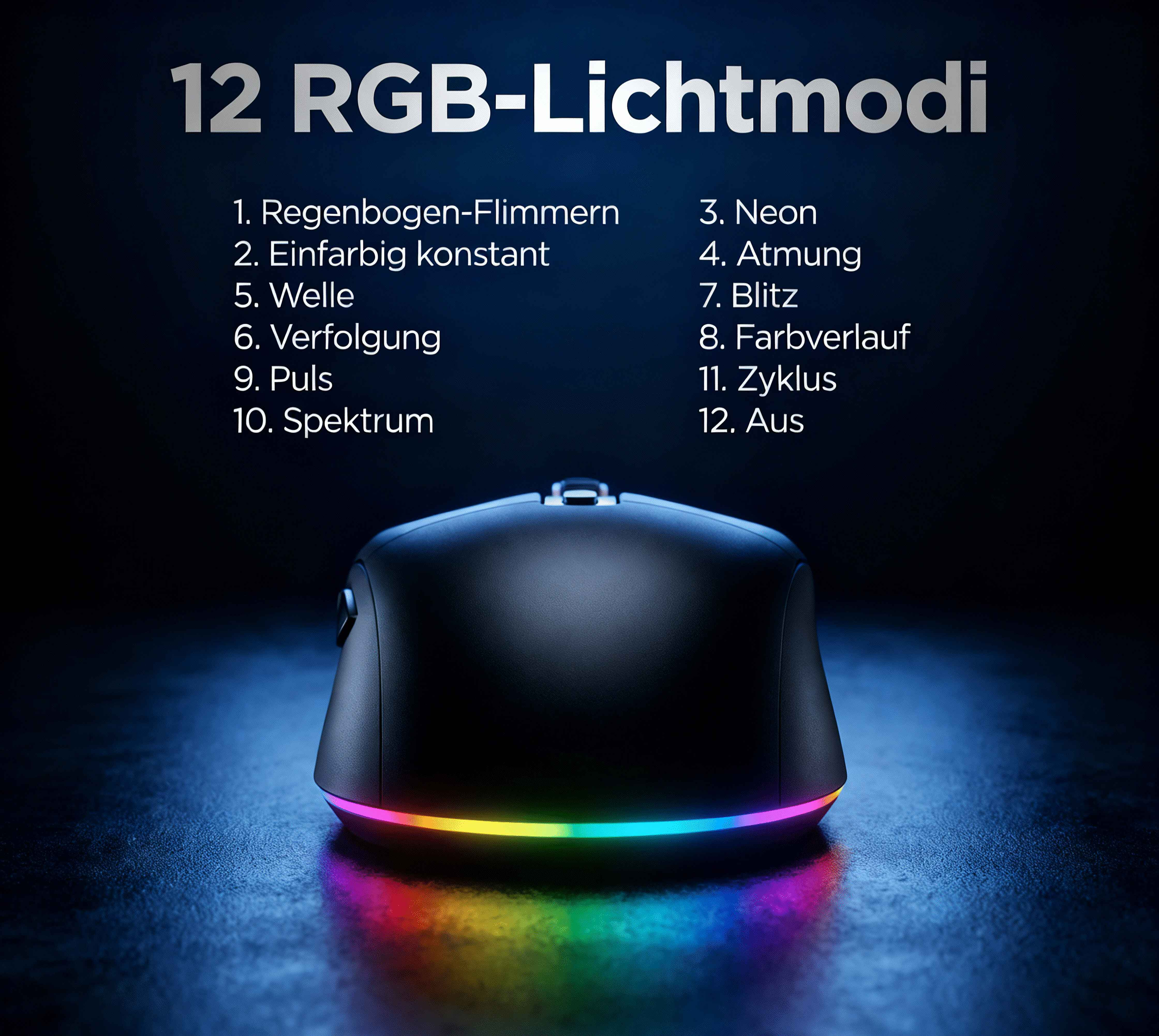 Eine schwarze Computermaus mit einem Regenbogen-RGB-Lichtstreifen an der Basis.