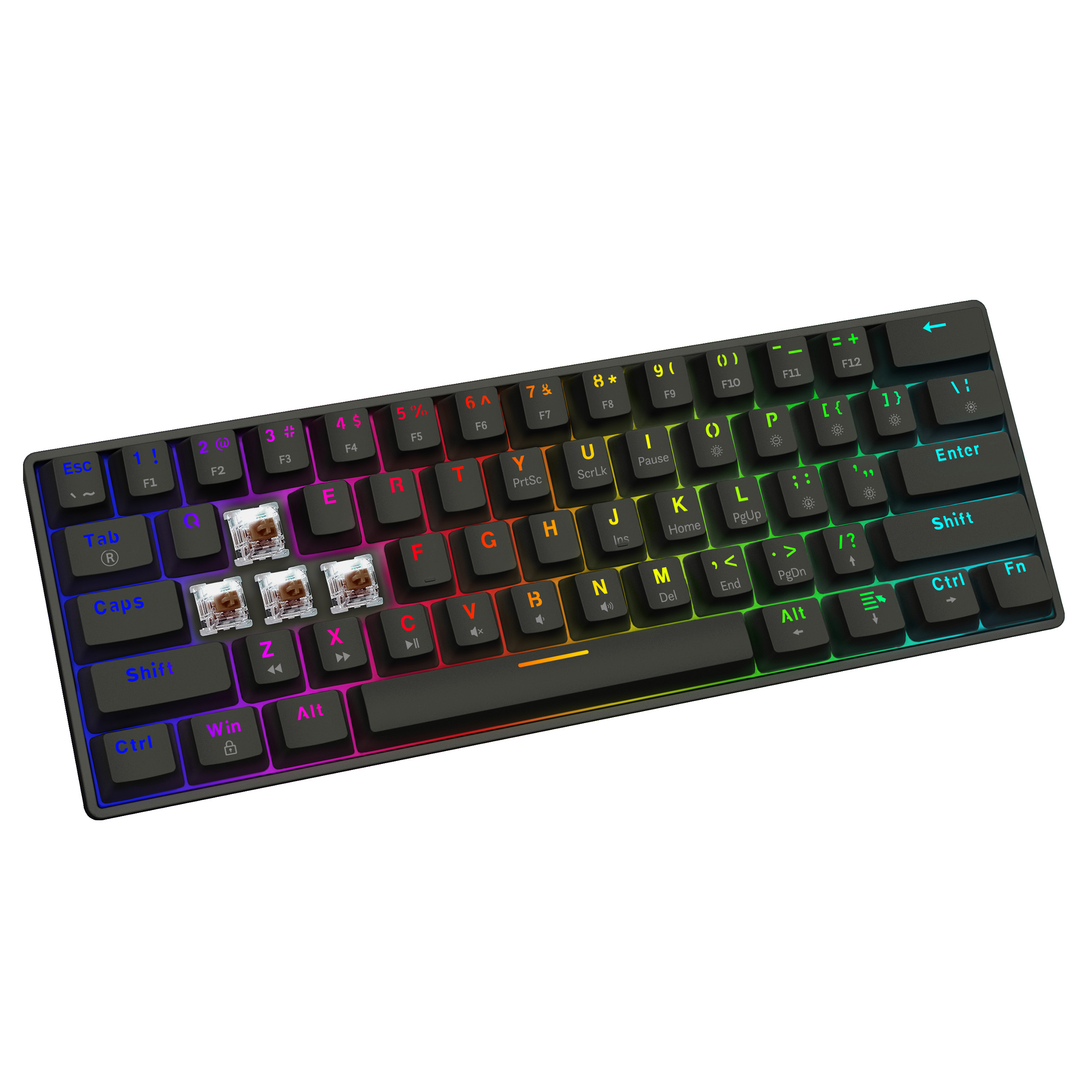 Czarna klawiatura mechaniczna z podświetleniem RGB i brązowymi przełącznikami.