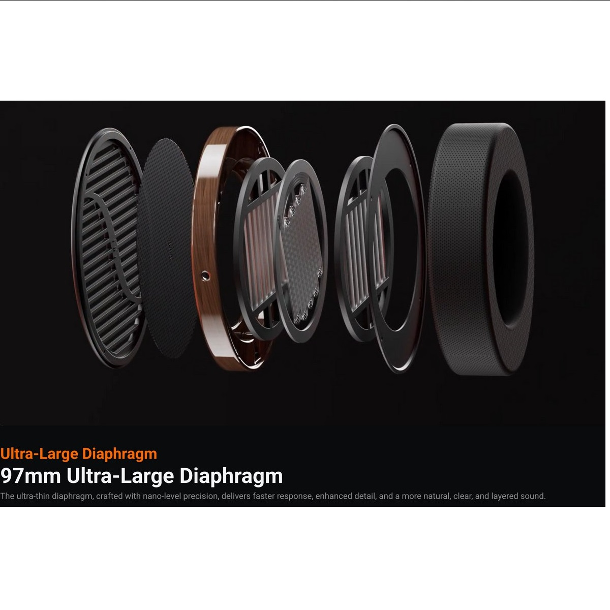 Exploded view of a headphone driver assembly showing diaphragm, coils, and frame.