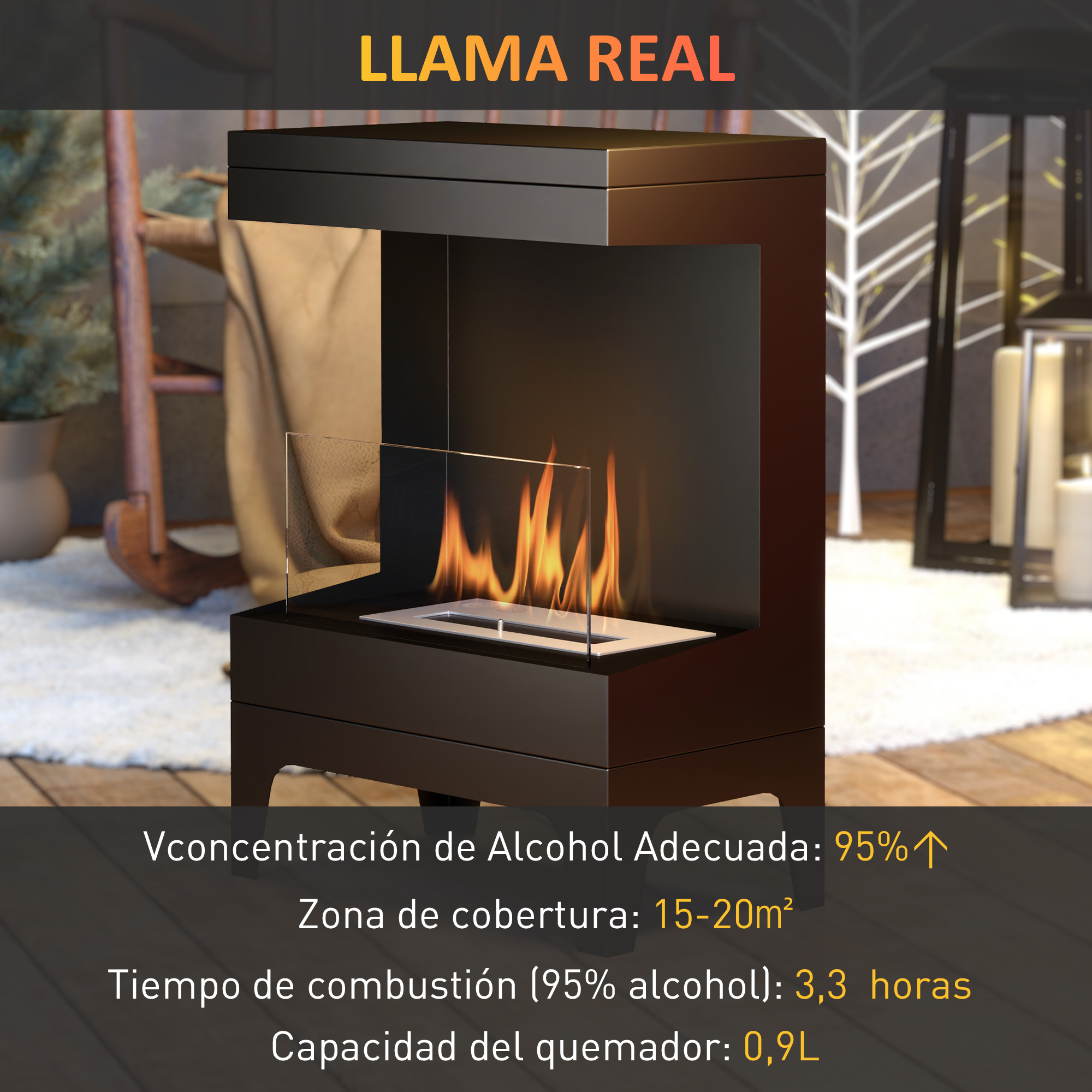 Chimenea de etanol negra con llamas, 95% alcohol, cubre 15-20m².