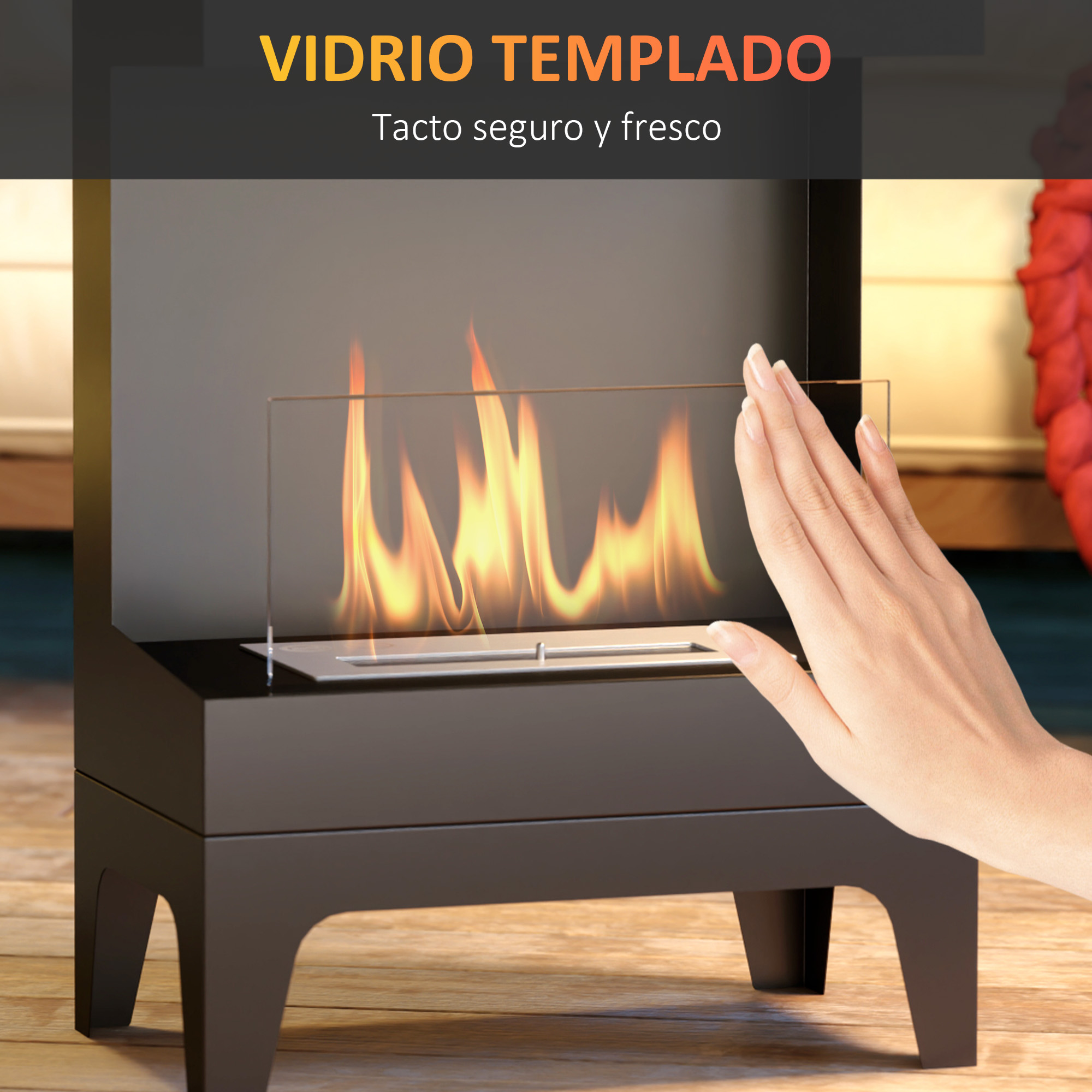 Una mano se acerca a una chimenea con llamas detrás de un cristal.