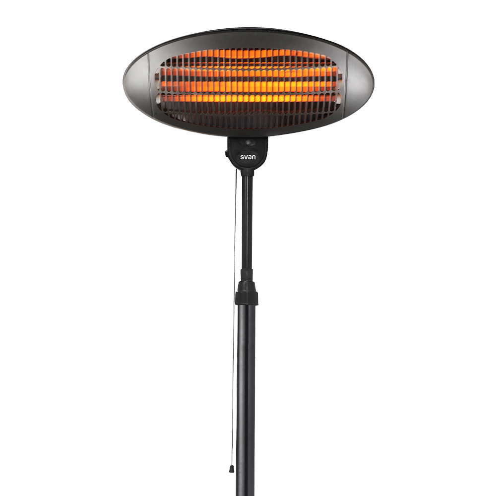 Un calentador de pie negro con cabeza ovalada, que emite calor naranja.