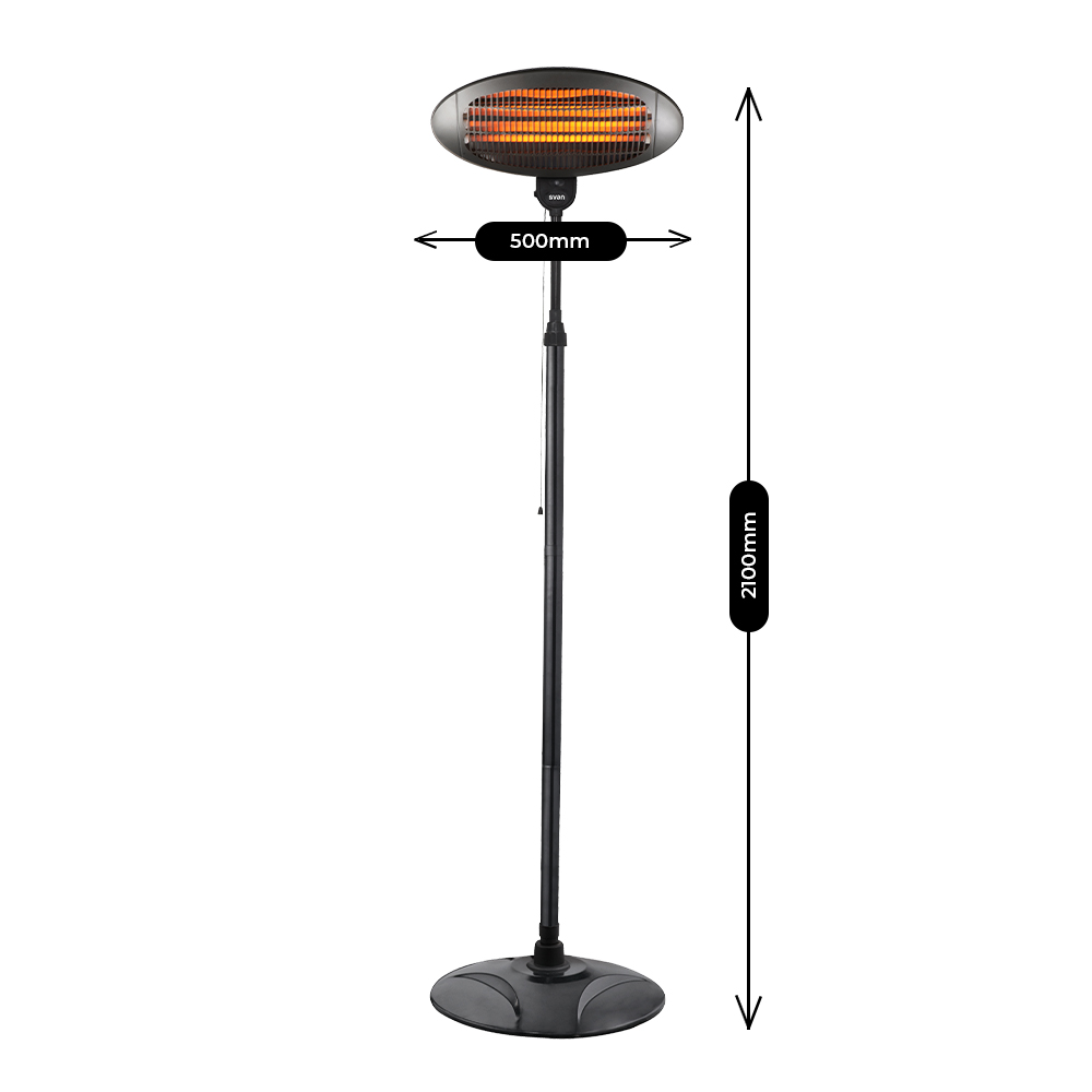 Un calefactor de pie negro con elementos calefactores y dimensiones (500mm, 2100mm).