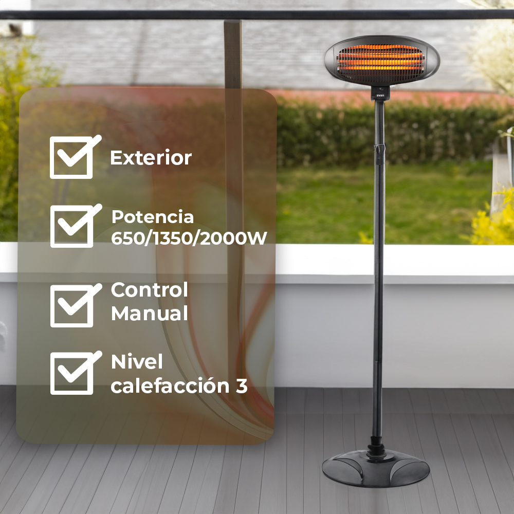 Calentador exterior con 3 ajustes de potencia: 650/1350/2000W. Control manual.
