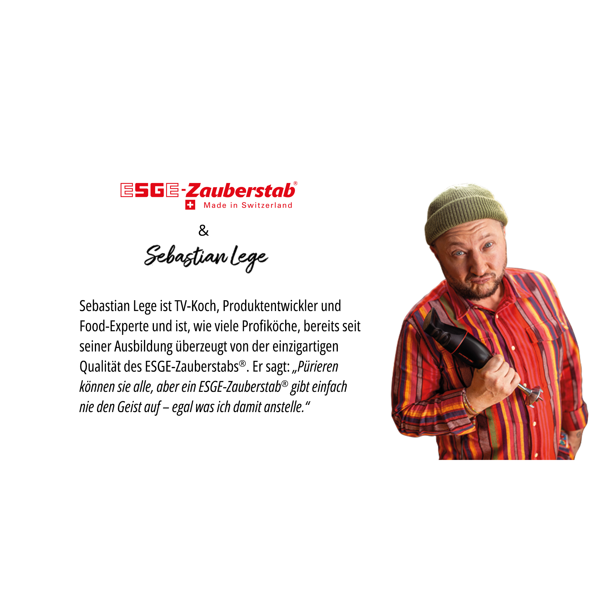 Mann im gestreiften Hemd hält einen ESGE-Zauberstab. Text: ESGE-Zauberstab & Sebastian Lege.