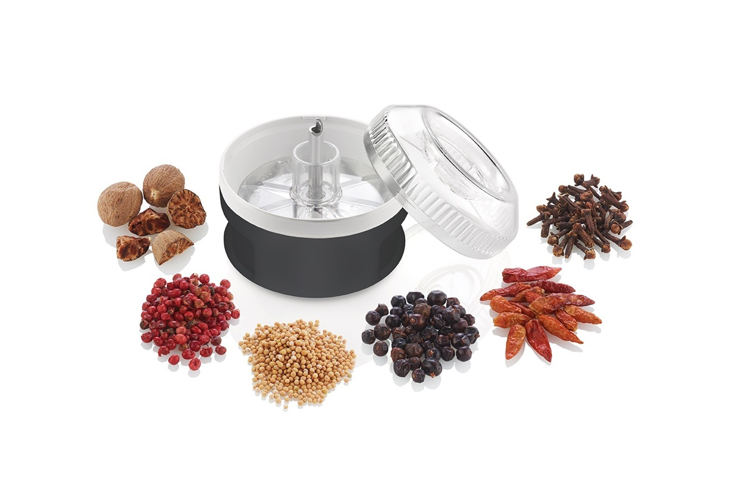 Gewürzmühle mit Muskatnuss, Pfefferkörnern, Senfsamen, Nelken und Chilischoten.