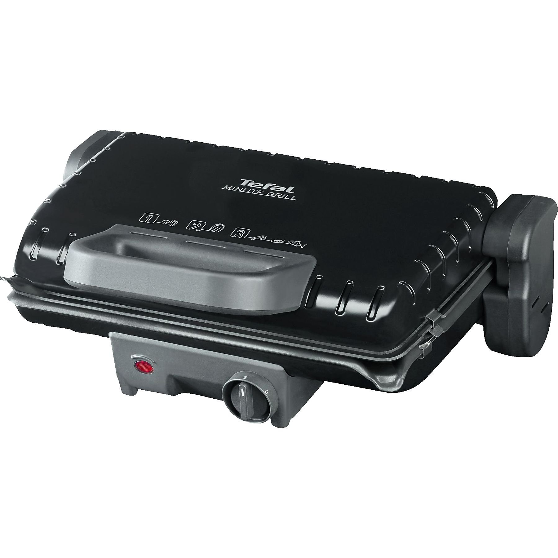 Una Tefal Minute Grill nera chiusa con manico grigio e spia luminosa.