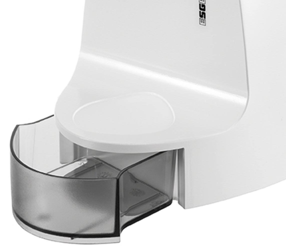 Ein weißer Dispenser mit einer durchsichtigen Schublade unten.