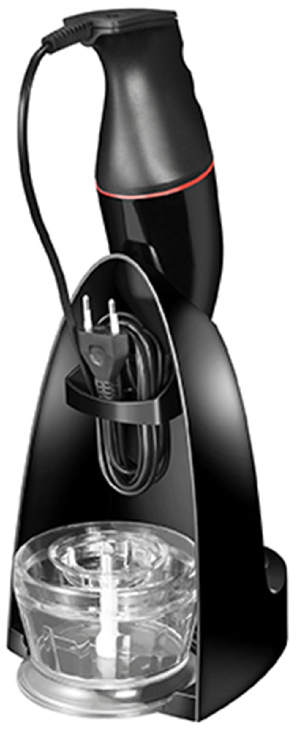 Schwarzer Stabmixer mit rotem Akzent und Zubehör auf einem Ständer.