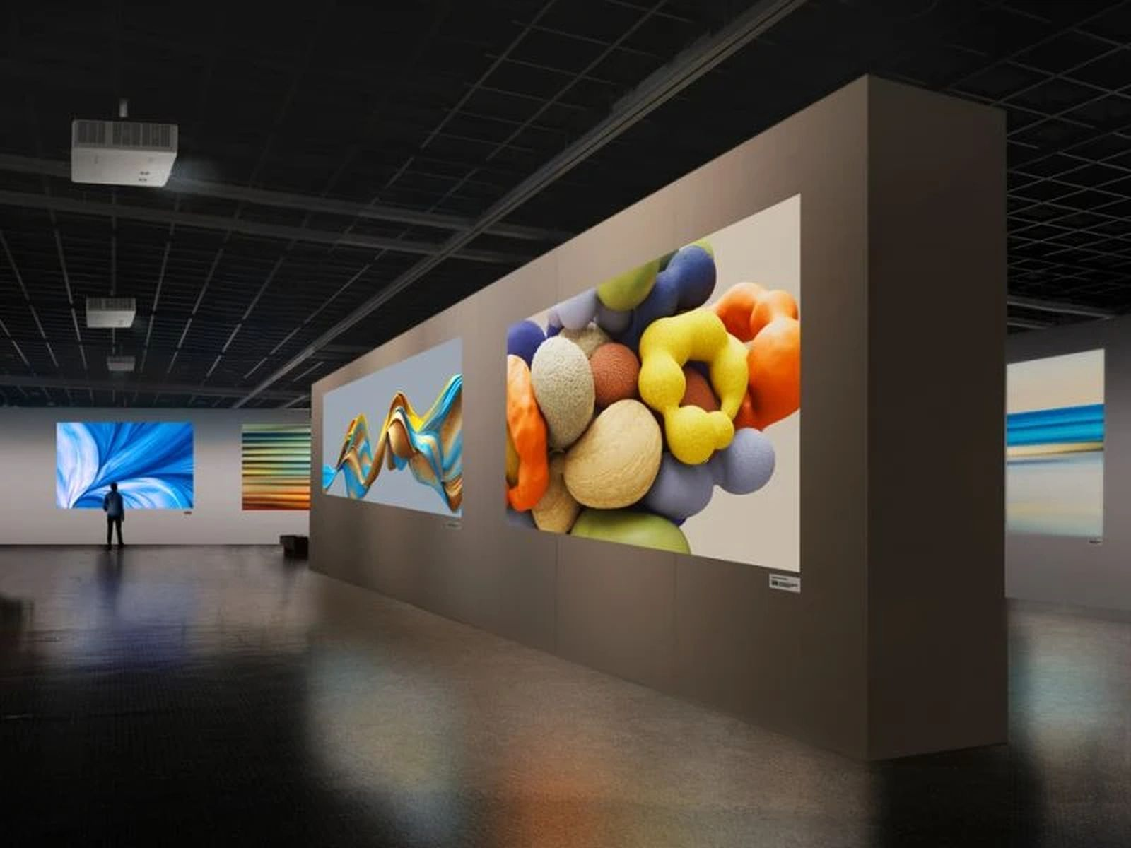 Nowoczesna galeria sztuki z abstrakcyjnymi wyświetlaczami cyfrowymi. Osoba ogląda niebieski obraz abstrakcyjny.