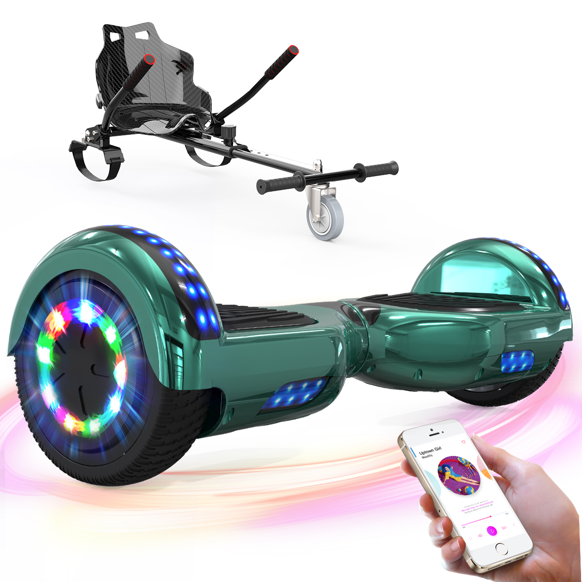 Hoverboard verde con luces de colores y asiento de go-kart acoplado.